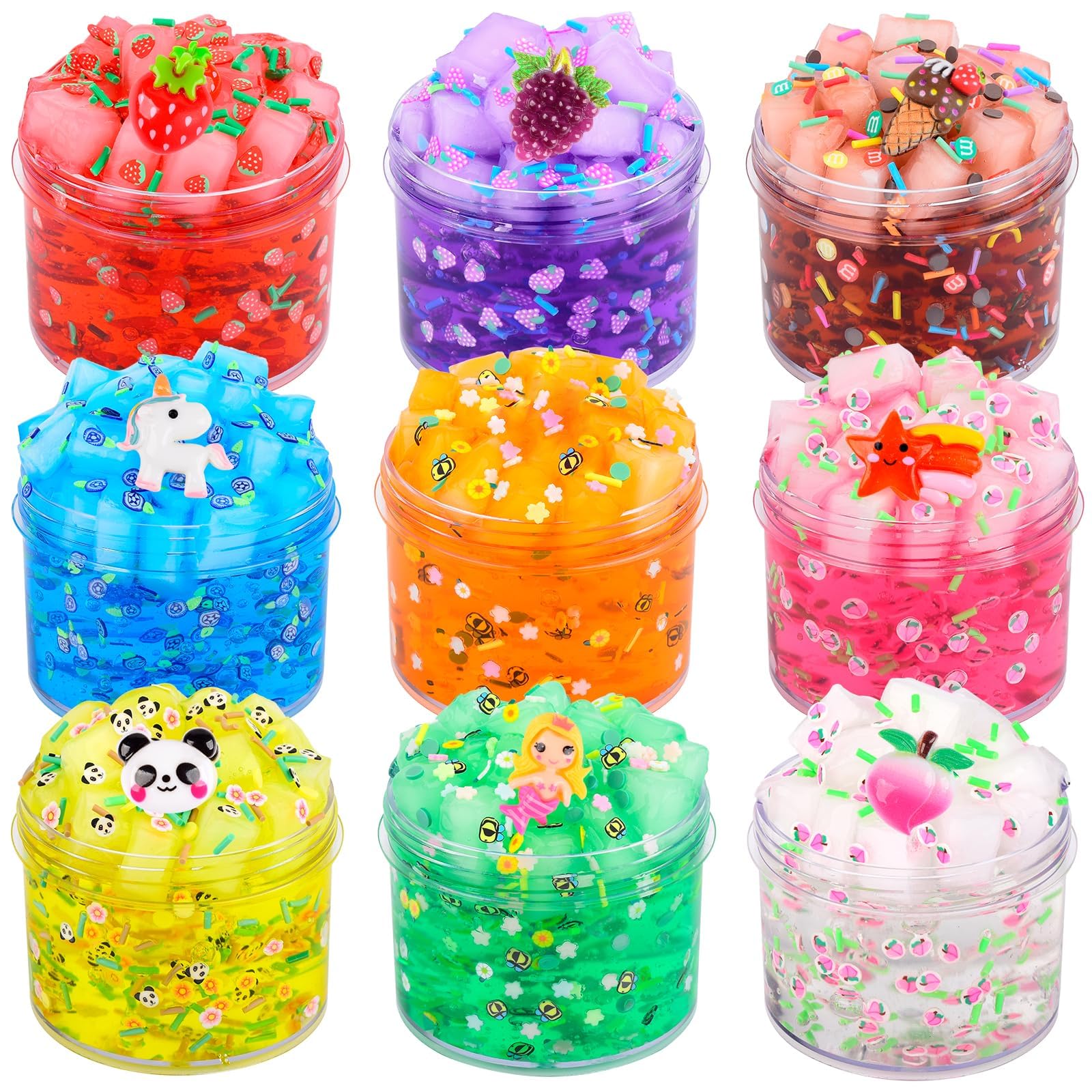 9 Pack Jelly Cube Fluffy Slime Kit Party Favor, Crunchy Clear Glitter Crystal Slime for Girls and Boys, DIY Birthday Boba Glimmer Slime for Kids, Cute Charms Soft Non-Sticky Stress Relief Slime Toys