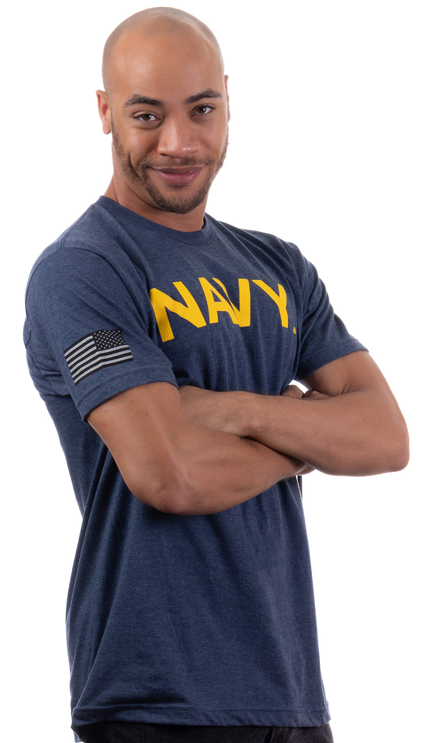 Ann Arbor T-shirt Co.Navy Chest Print & U.S. Military Sleeve Flag | Naval Veteran Sailor Style Shirt