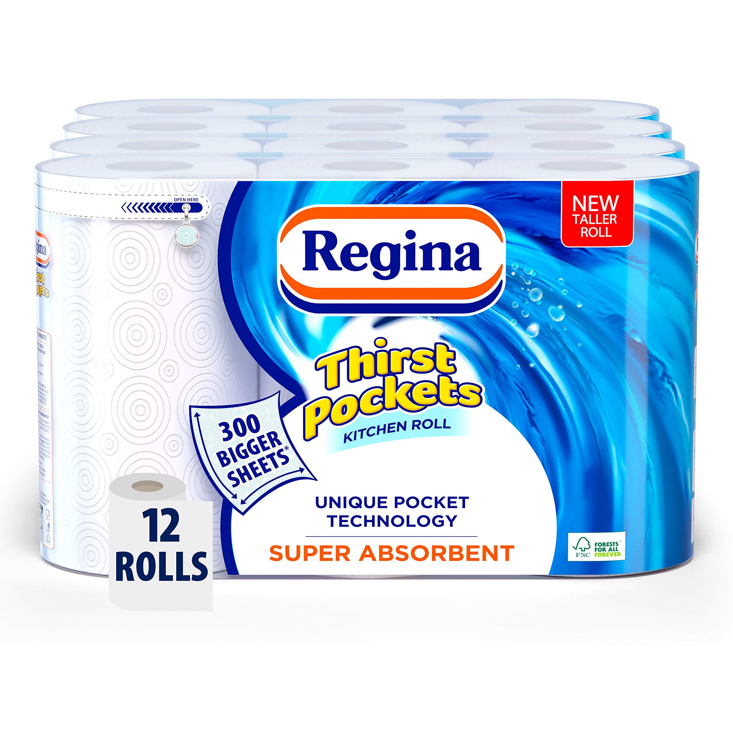 Regina Thirst Pockets Kitchen Roll - 12 Rolls, 1,200 Super Absorbent Sheets, Unique Pocket Technology, Your Ideal Kitchen Companion, FSC certified product, WWF Climate Savers Program