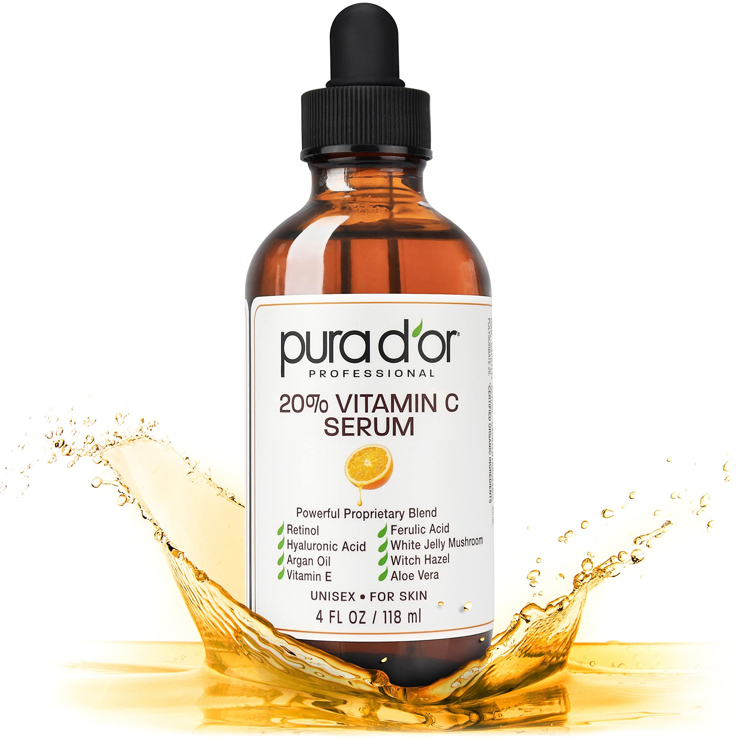 Pura D'Or 20% Vitamin C Serum With Hyaluronic & Ferulic Acid, Vitamin E, Argan Oil & Aloe Vera - 4 Fl. Oz.