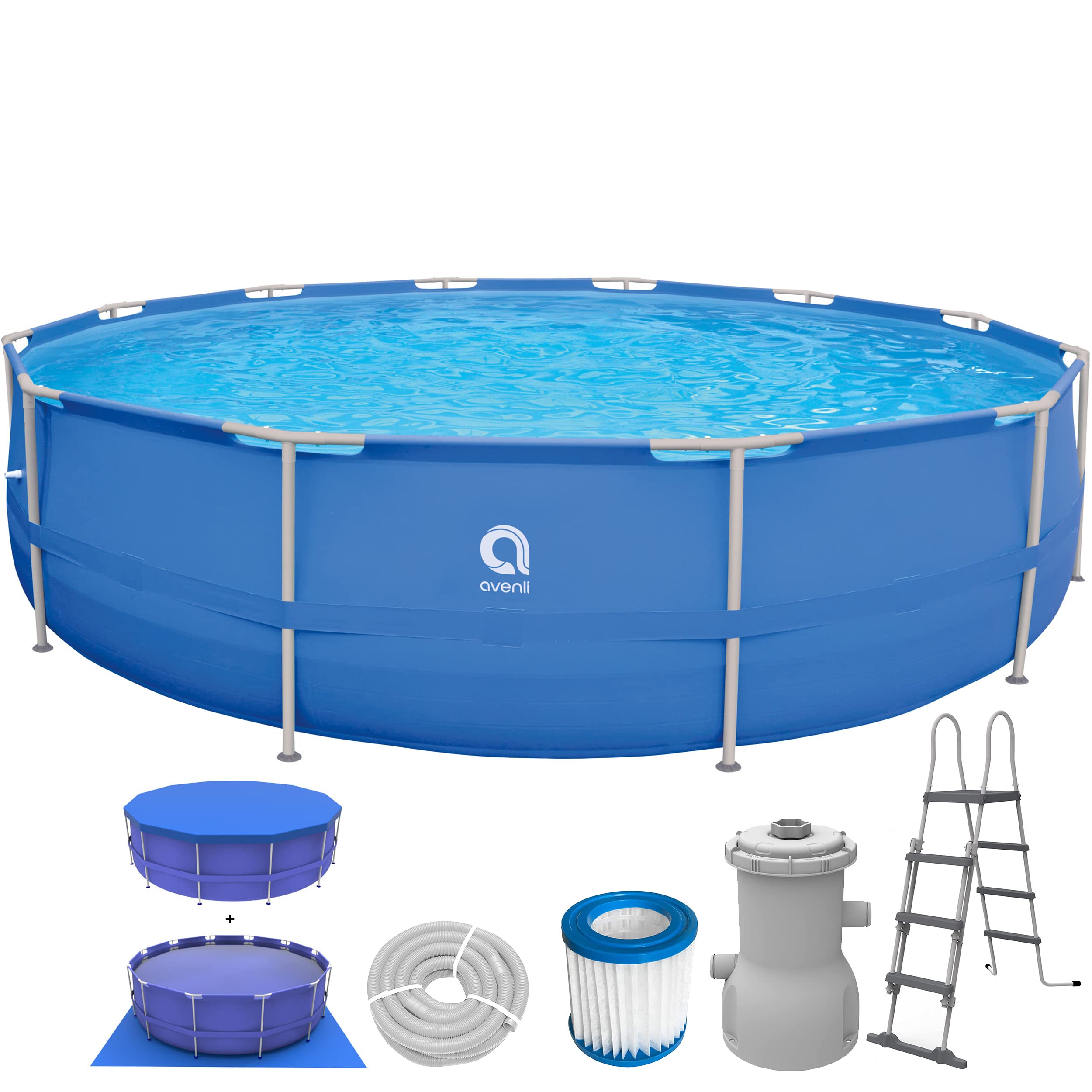 AVENLIPool 450 x 122 cm steel frame above ground pool blue Set with pump & ladder Complete set round with cover and ground cover Frame pool Swimming pool