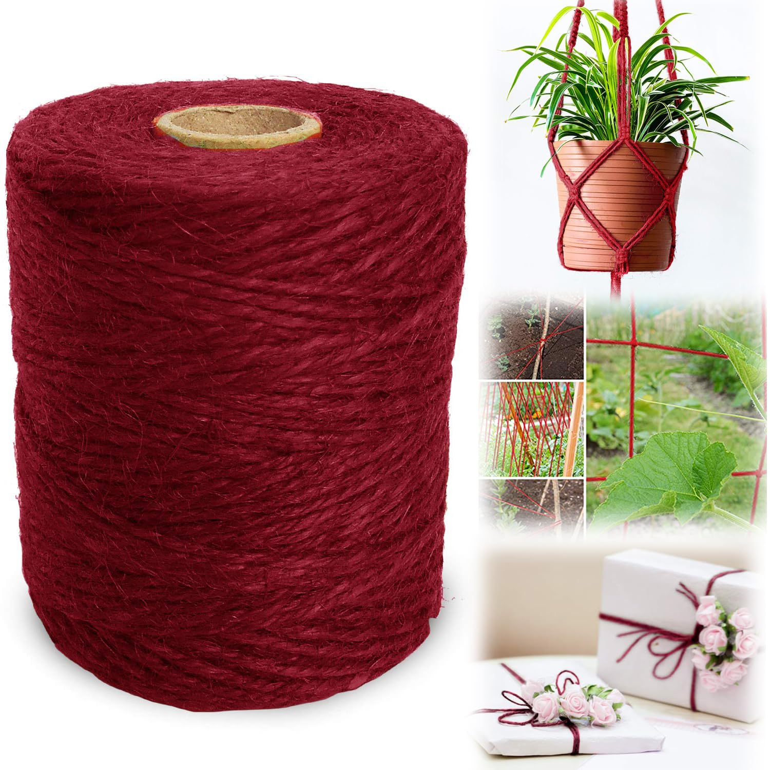 Azonee Jute Twine - 333 Feet 3 Ply 2mm Thick Rope for Garden, DIY Crafts, Floristry & Decoration, Perfect for Bundling & Wrapping, 1 Roll Pack (Red)