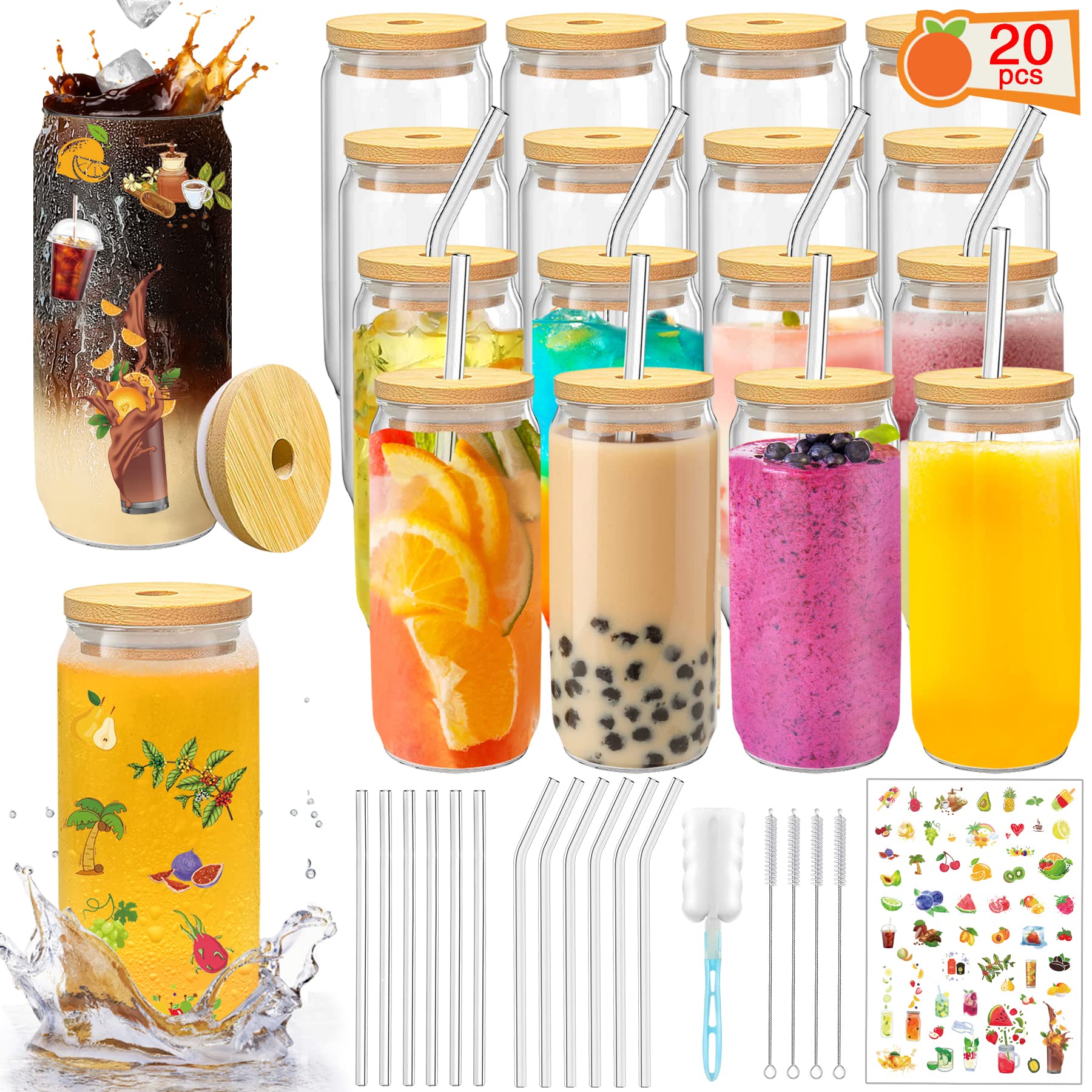 Glass Cups with Lids and Straws 20 Pcs 16 oz Ice Coffee Cup Skinny and Long Can Beer Cups Glass Set Drinking Glasses with Bamboo Lids Reusable Glass Cups Ideal for Smoothies & Beverages