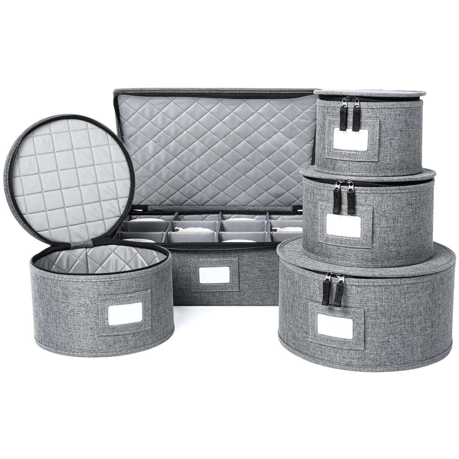 storageLAB China Storage Containers for 12 Place Setting, Hard Shell China Storage Containers for Dinner Plates, Salad Plates, Dessert Plates, Saucers, Cups, & Mugs - Gray 5 Pc Fine China Storage Set