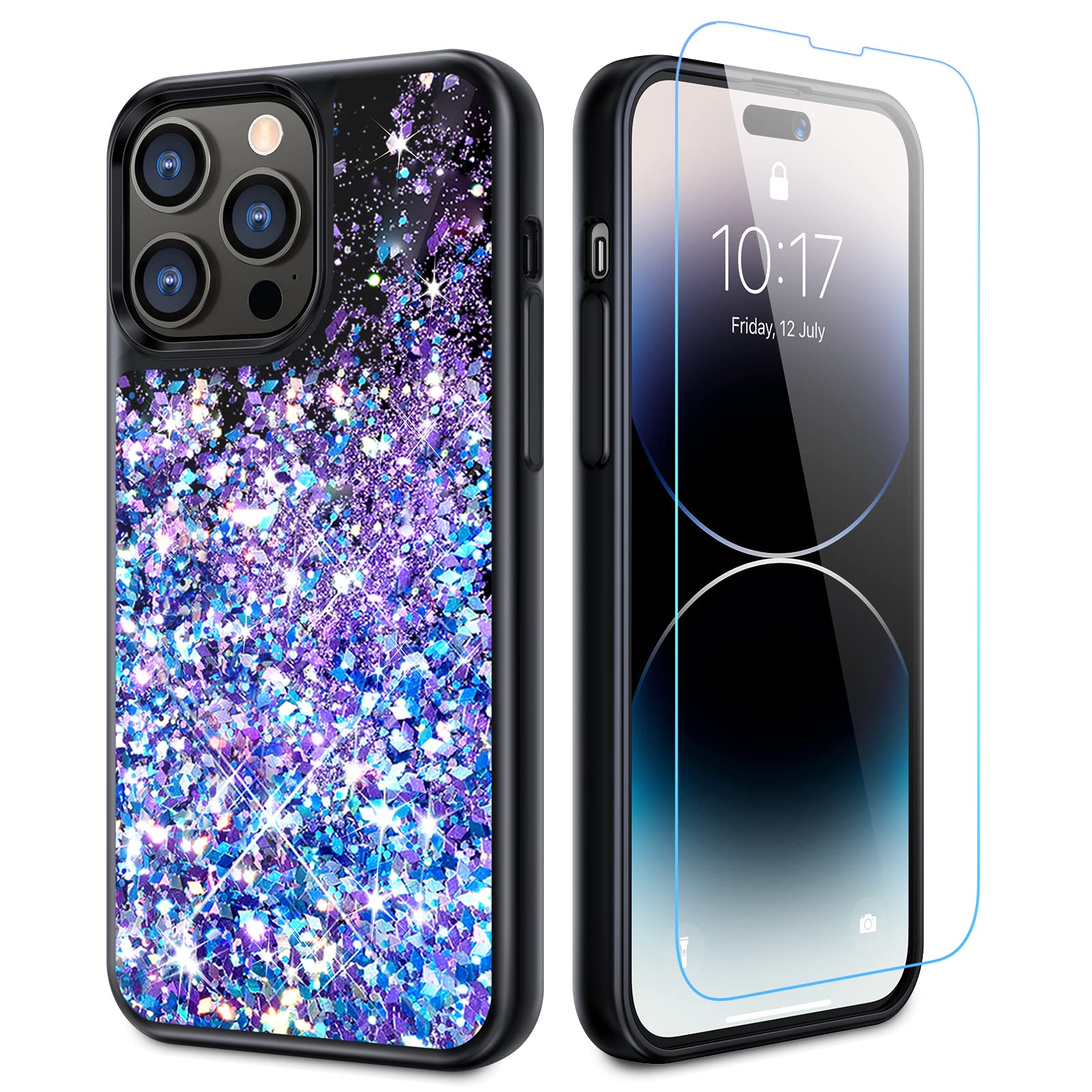 Caka Compatible with iPhone 14 Pro Case Glitter for Women Girls with Screen Protector Bling Sparkle Liquid Flowing Quicksand Phone Case for iPhone 14 Pro 6.1 inch - Black Blue Purple