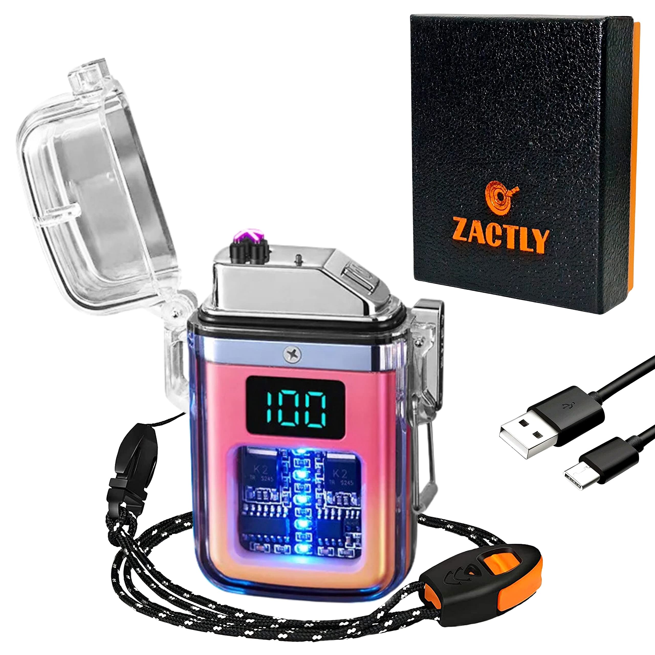 Zactly AL12 Transparent Electric USB C Rechargeable Plasma Candle Lighter LED Digital Display Dual Arc Waterproof Windproof, Whistle, Lanyard, Camping Outdoor Survival Tool (PINK ORANGE GRADIENT)