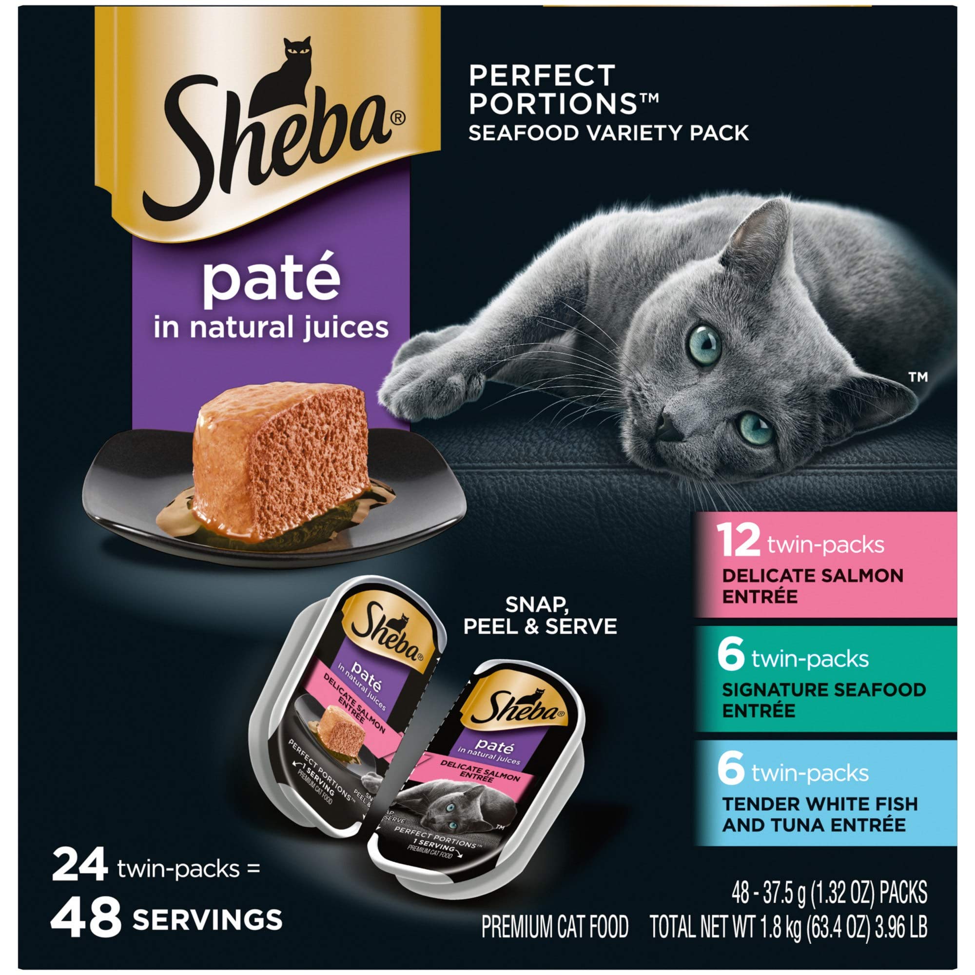 SHEBA Perfect Portions Paté Wet Cat Food Trays (24 Count, 48 Servings), Signature Seafood Entrée, Easy Peel Twin-Pack Trays