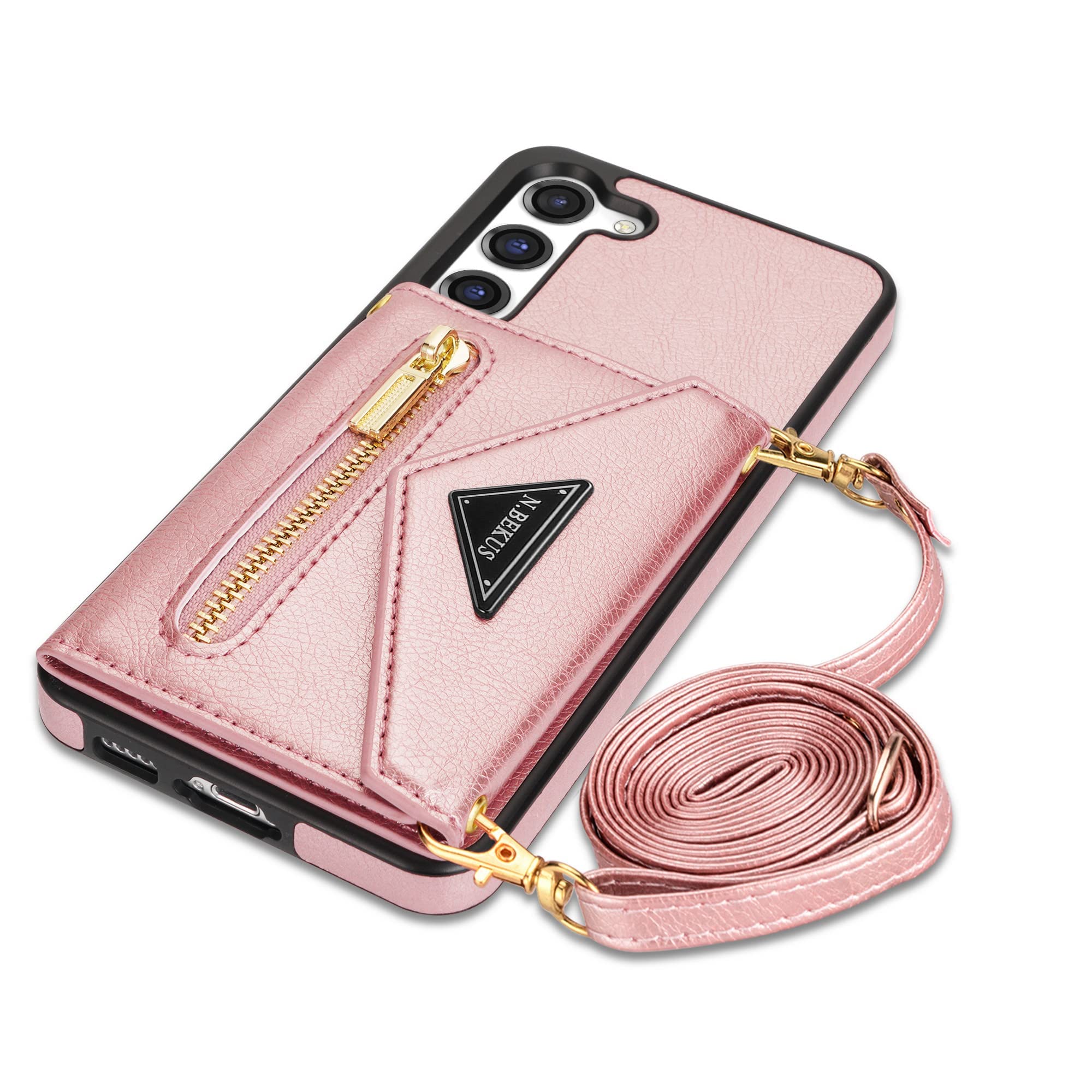 SZHAIYU Flip Leather Wallet Cover for Samsung Galaxy S23 5G Crossbody Case with Credit Card Holder Strap Lanyard 6.1'', Women Girl Purse Kickstand (Pink,S23)