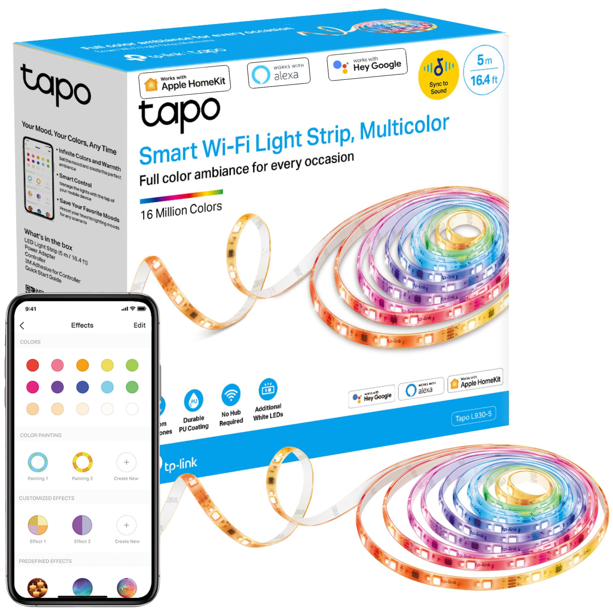 Tapo TP-Link Smart LED Light Strip, 5m, Wi-Fi App Control RGBW Multicolour LED Strip, PU Coating, Works with Alexa & Google Home & Apple HomeKit, Suitable for TV Kitchen DIY Decoration ( L930-5)