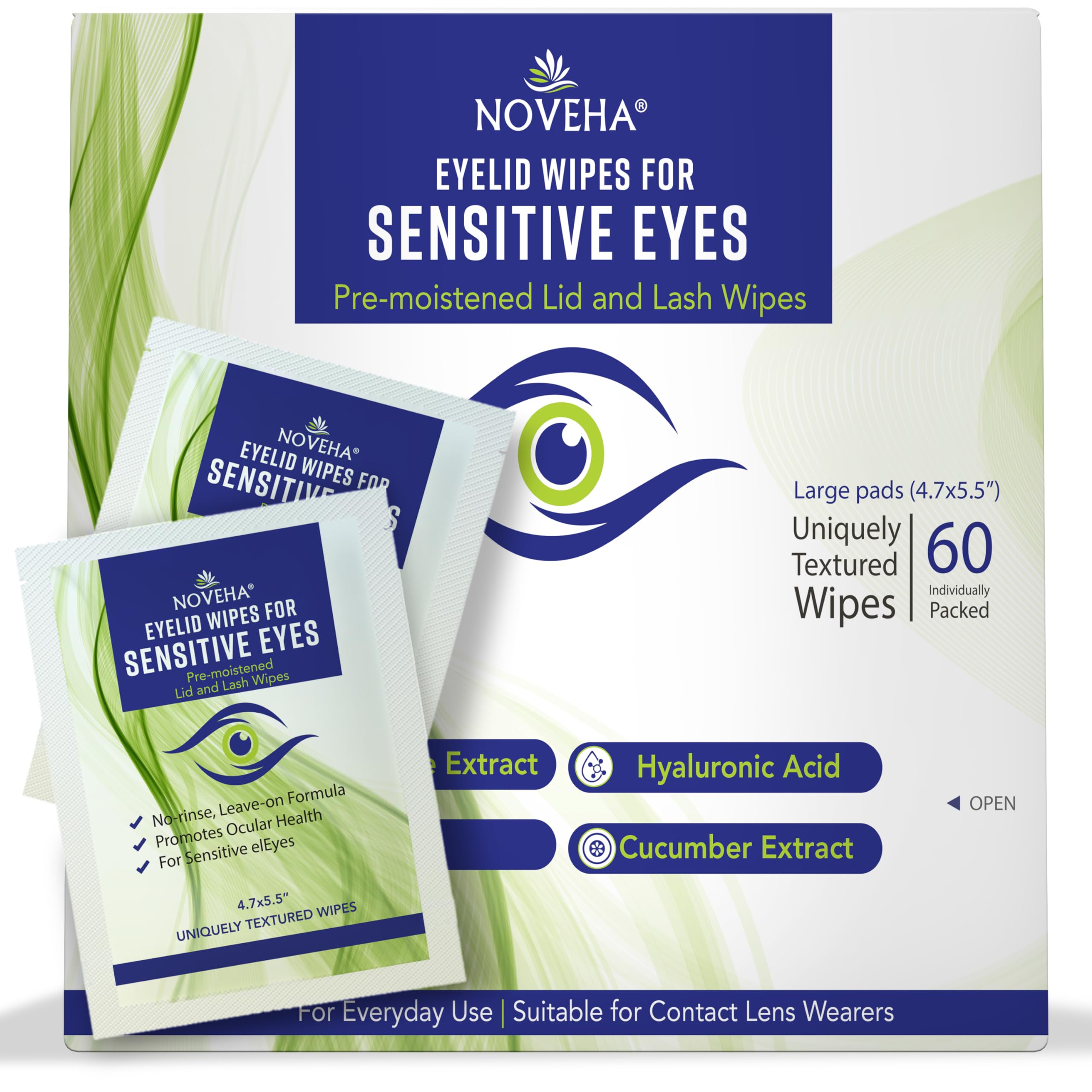 NOVEHAEyelid Wipes - For Delicate Lashes and Eyelids - With Hyaluronic Acid, Chamomile, and Aloe Vera - Individually Wrapped Pre-moistened Pads (60 Wipes)