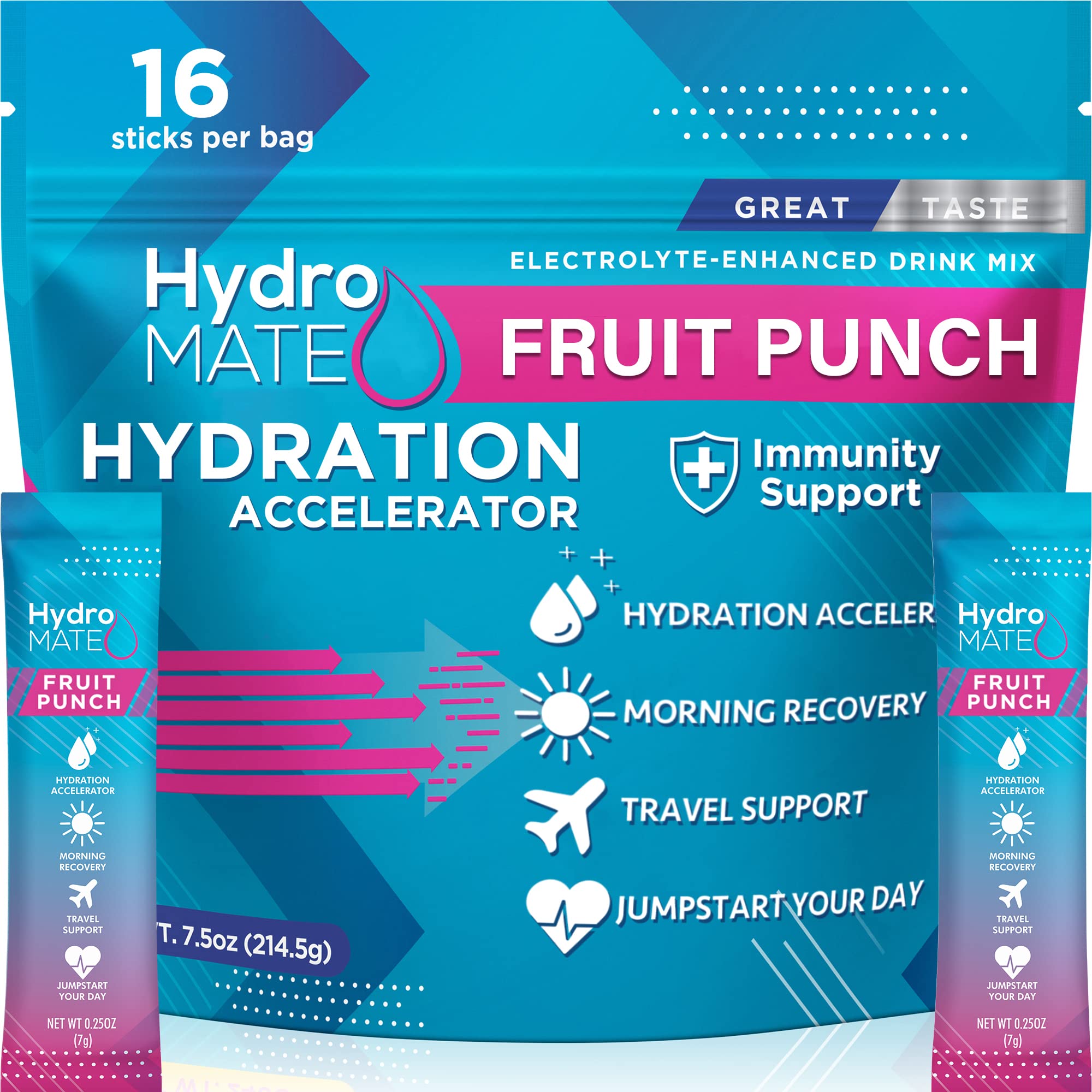 NatureWorksHydroMATE Electrolytes Powder Packets Fruit Punch Low Sugar Hydration Accelerator Hydration Stick Packs Party Favors for Rapid Relief and Recovery 16 Sticks