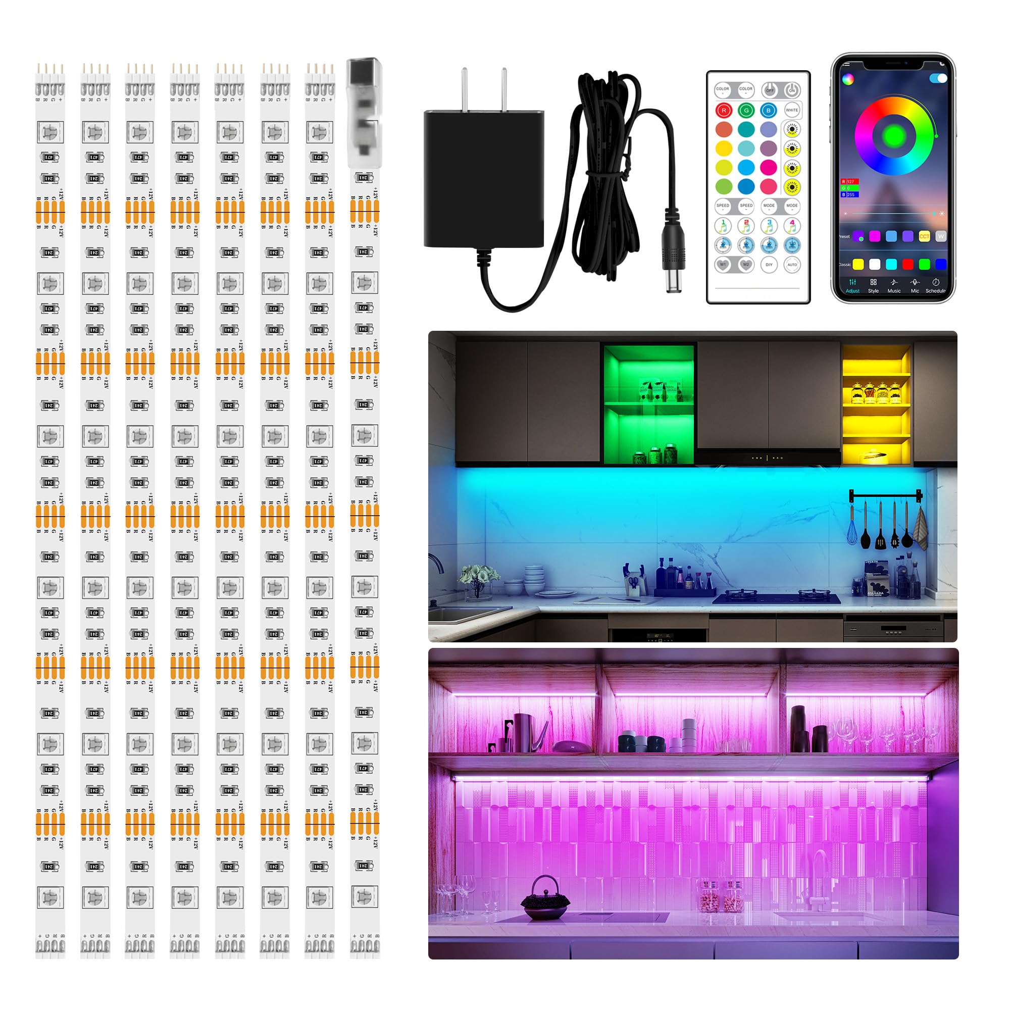 maylit8 PCS RGB Under Cabinet Lighting Kit, App and Remote Control Strip Lights, Music Sync Color Changing Led Lights with ETL Listed Power Adapter, for Cabinet, Counter, Shelf, Bookcase, 13ft