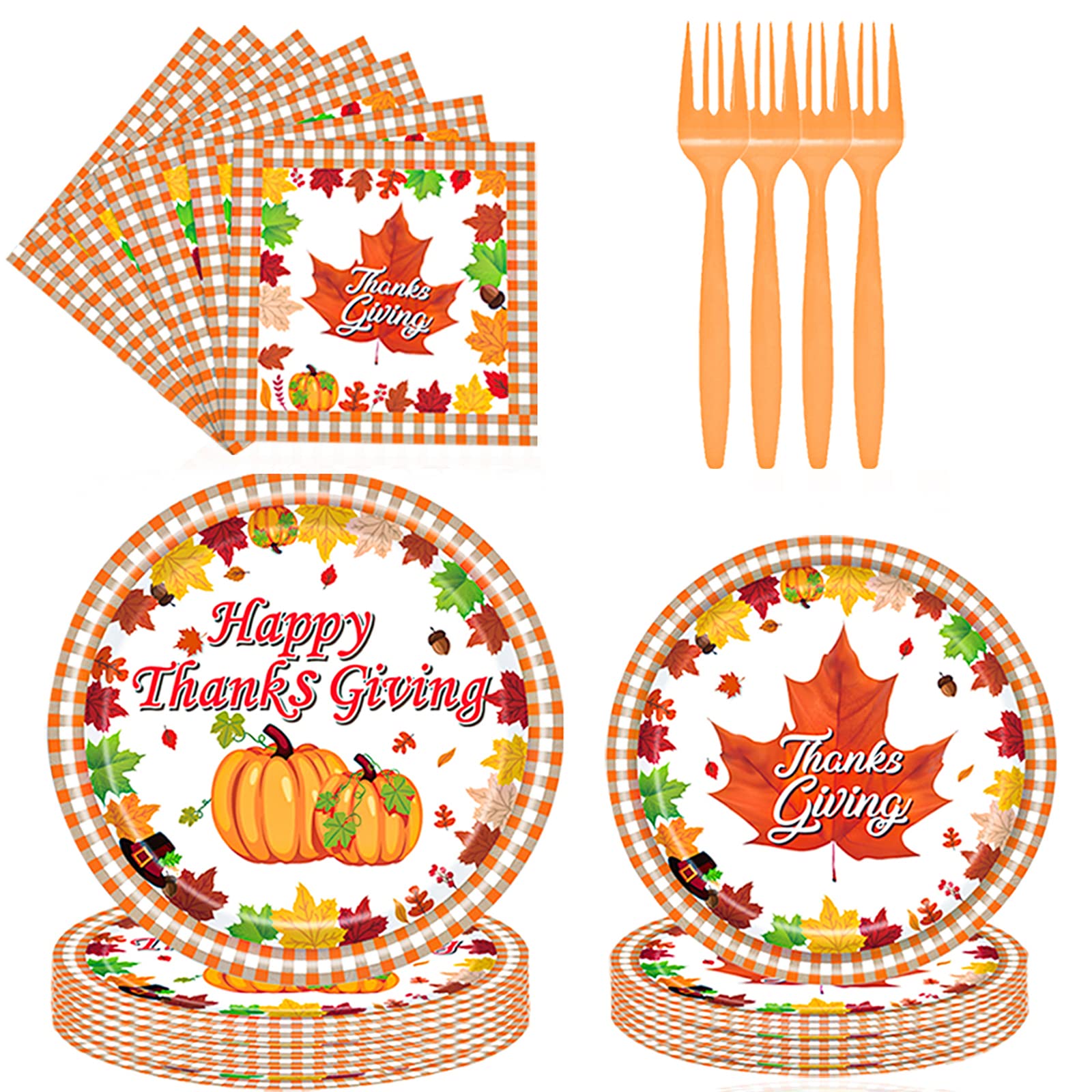 96PCS Thanksgiving Party Supplies Thanksgiving Plates and Napkins, Autumn Pumpkin Maple Leaves Disposable Tableware Plates Napkins Forks Thanksgiving Decoration for Fall Theme Party Supplies Serves 24