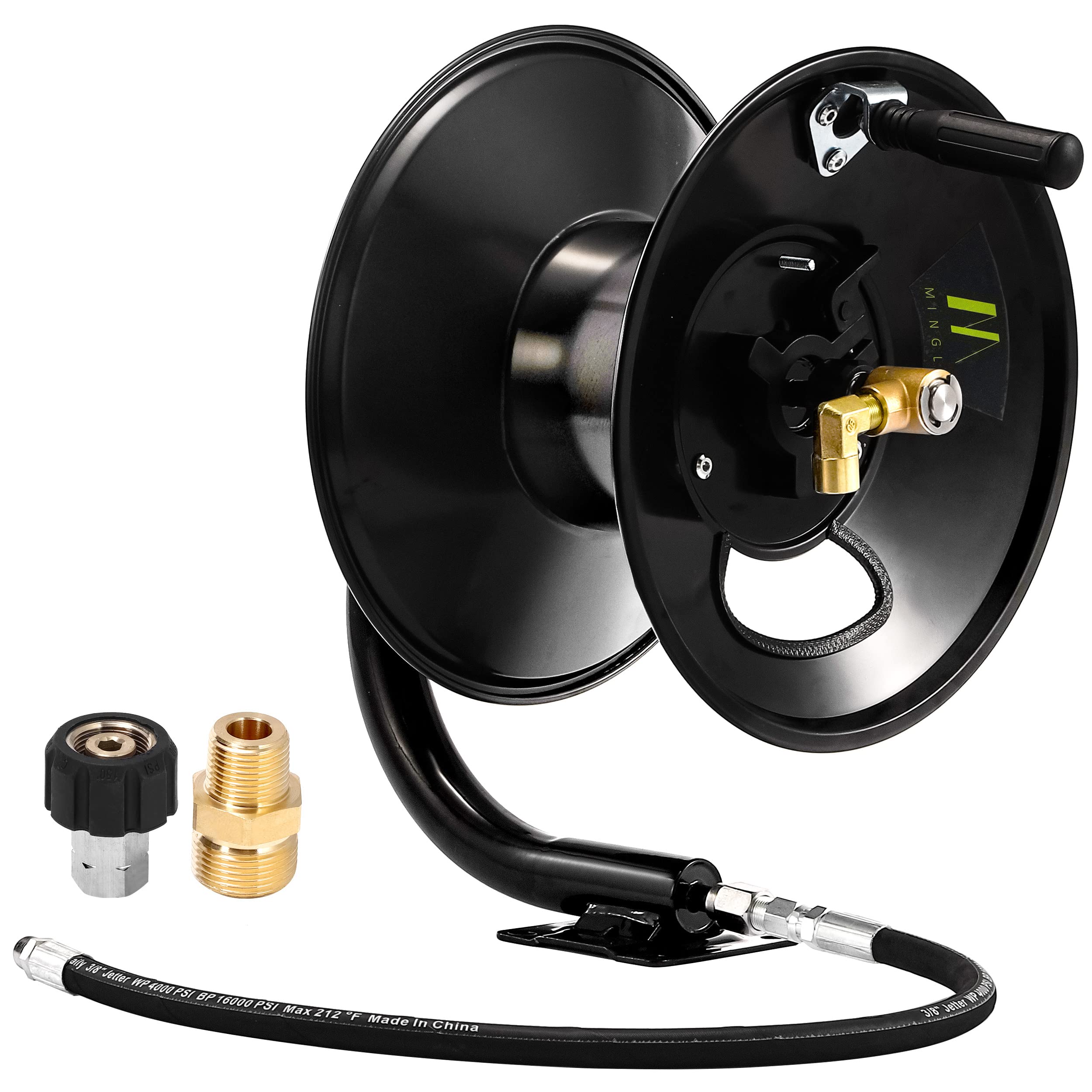 M MINGLE Pressure Washer Hose Reel 100ft, Heavy Duty Steel Hose Reel, Manual Crank Power Washer Hose Reel with Swivel Arm, 3/8" NPT