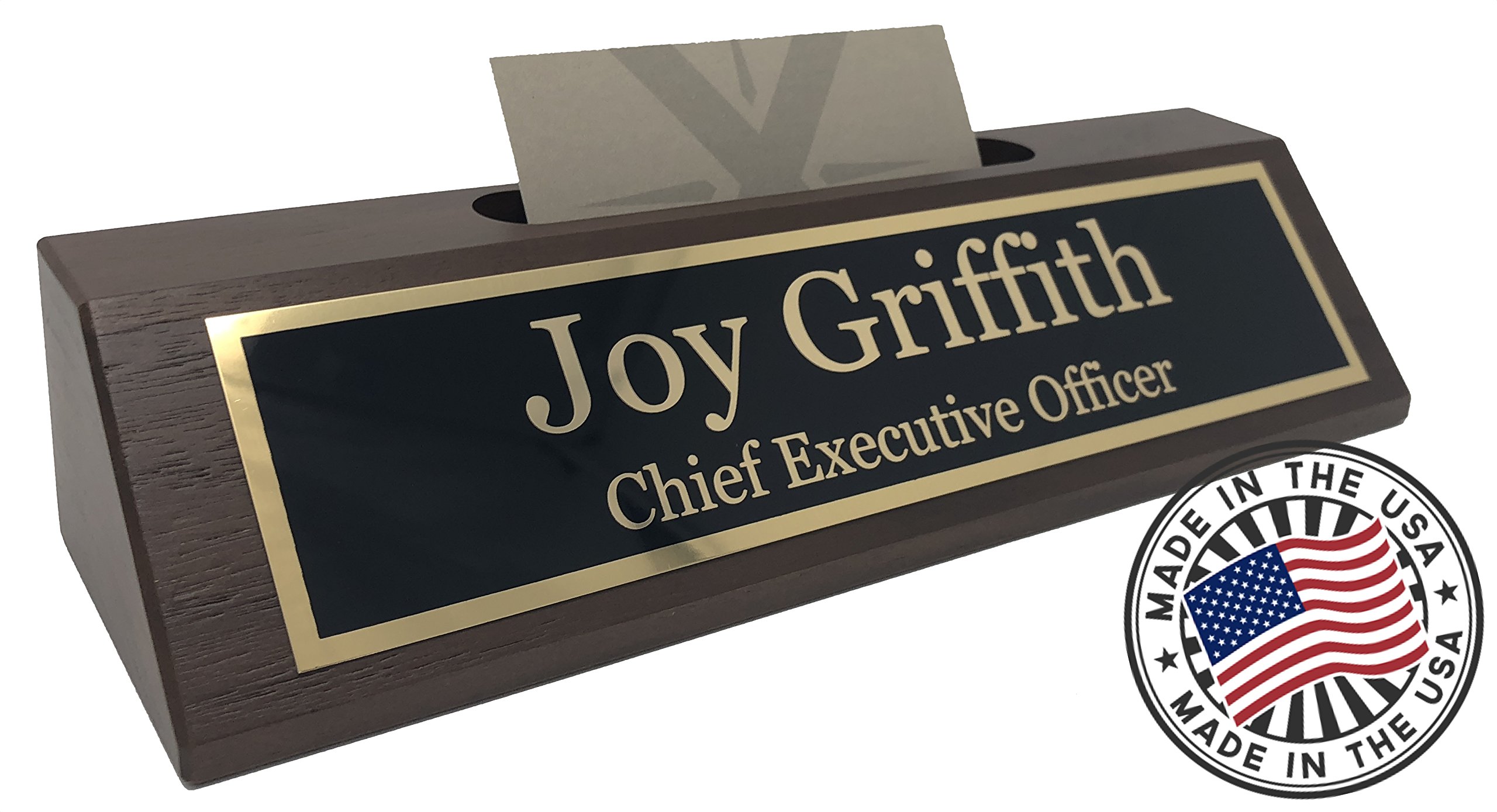 Griffco Supply Desk Name Plate Personalized - Name Plate for Desk Business Card Holder Desktop - PhD Graduation Gifts Genuine Hardwood Nameplate for Desk - Made in USA Custom Plaque (Walnut)