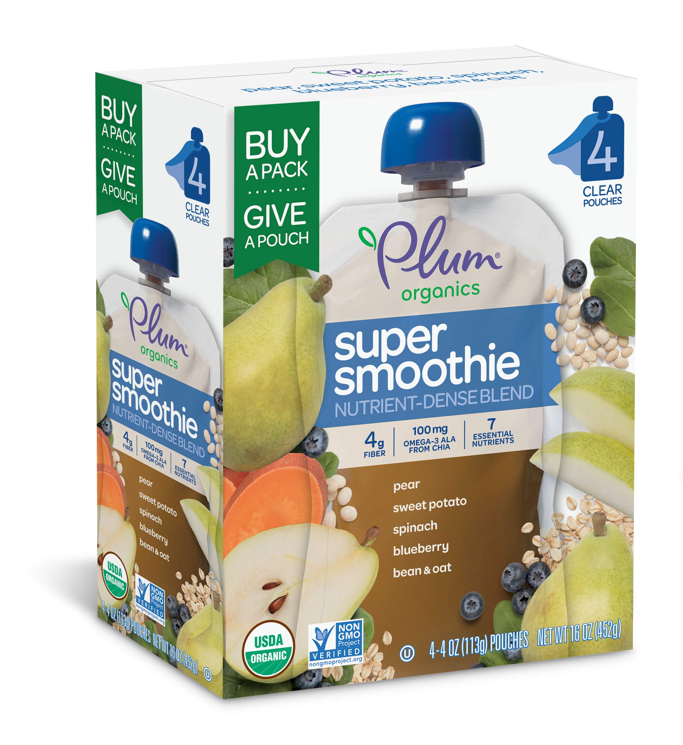 Plum Organics Super Smoothie Organic Toddler Food - Pear, Sweet Potato, Spinach, Blueberry, Bean, and Oat - 4 oz (Pack of 24)