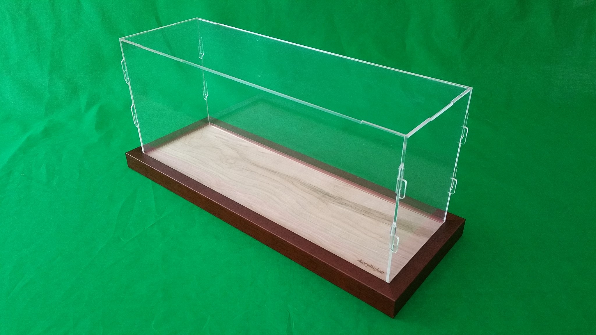 16 x 7 1/2 x 6 Inch Table Top Clear Acrylic Display Case with Walnut Color Wooden Base