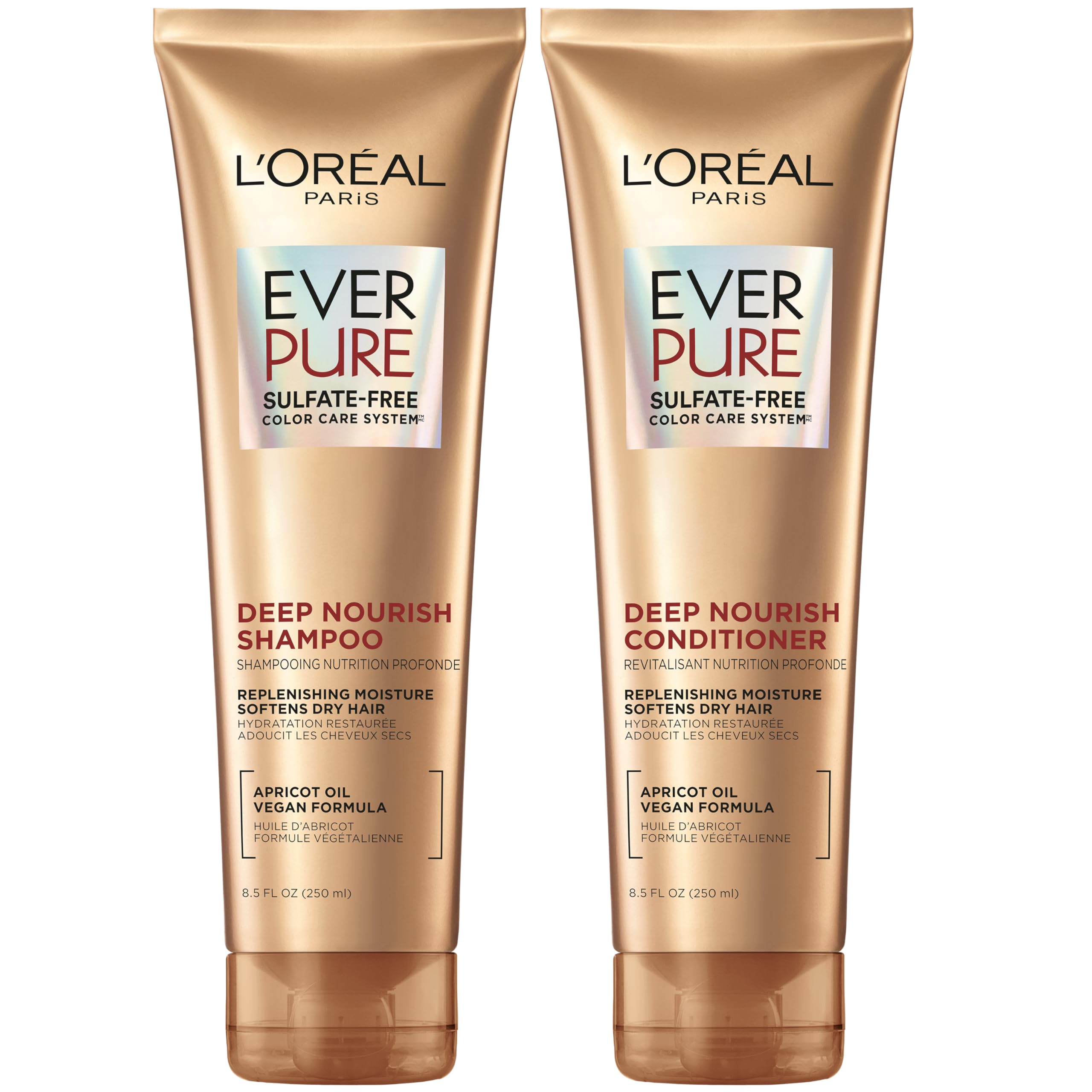 L'Oreal Paris EverCreme Sulfate Free Shampoo and Conditioner Kit for Dry Hair, Triple Action Hydration for Dry, Brittle or Color Treated Hair, with Apricot Oil, 8.5 Ounce, Set of 2