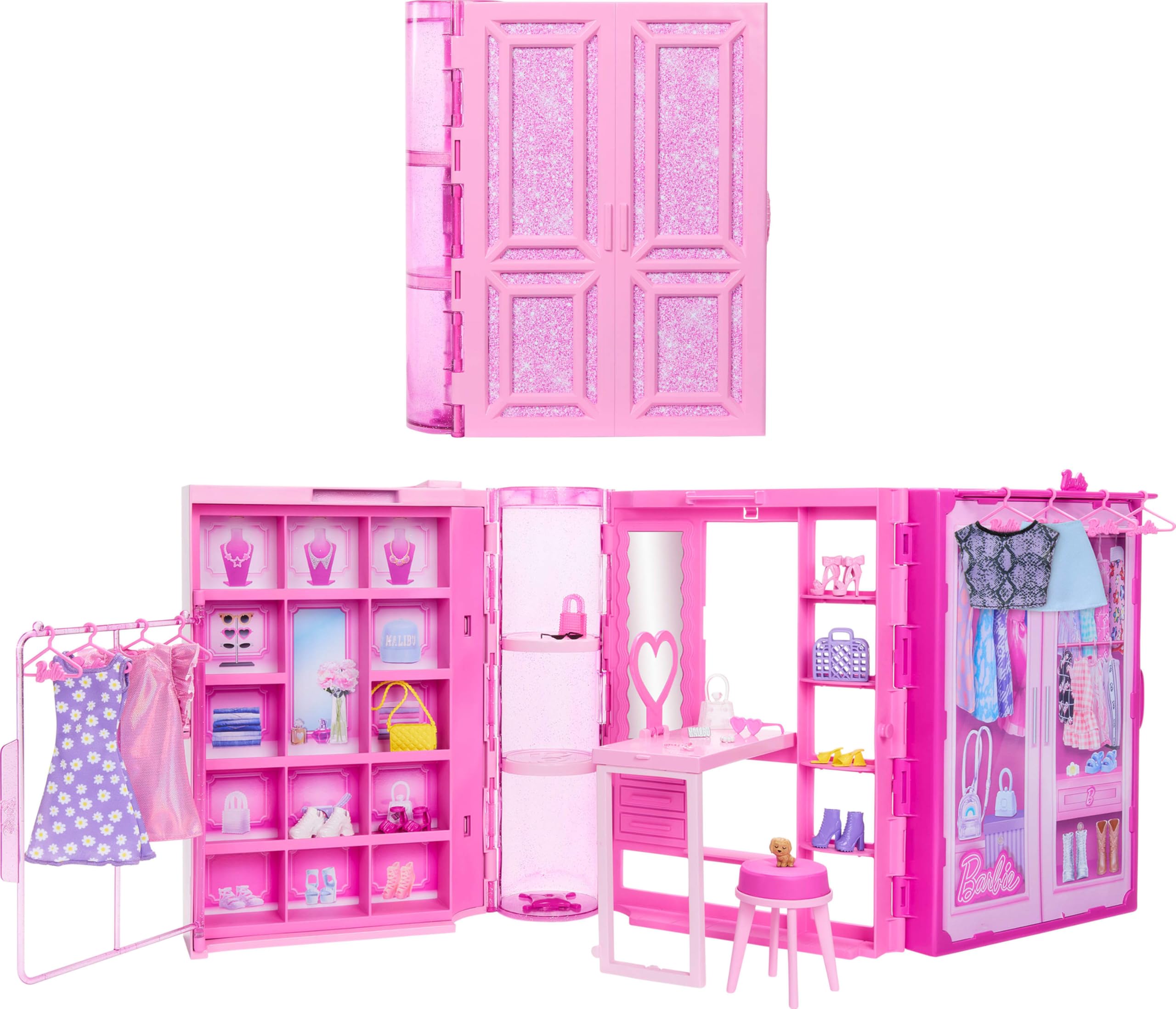 BarbieDream Closet Toy Playset & Storage with Clothes & Accessories, 3 feet Wide with 25+ Pieces, Includes 4 Complete Fashion Looks