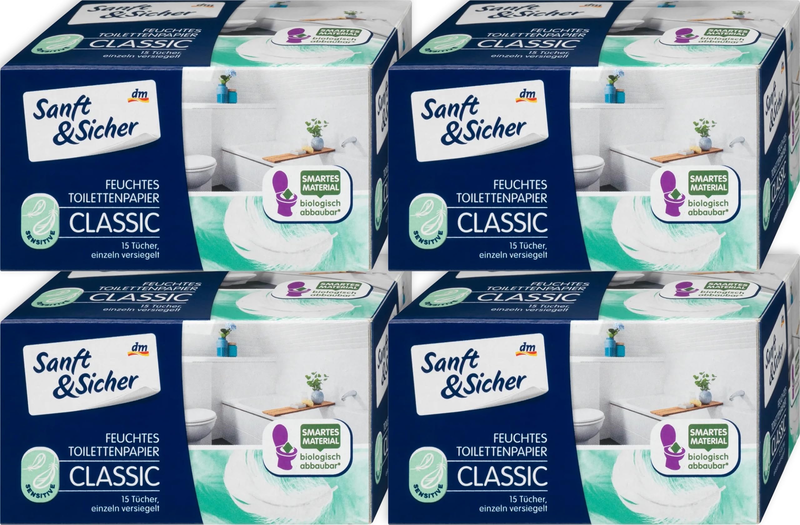 Sanft and Sicher Moist Toilet Paper Classic Sensitive - 4 Packs (60 Wipes) - Made in Germany