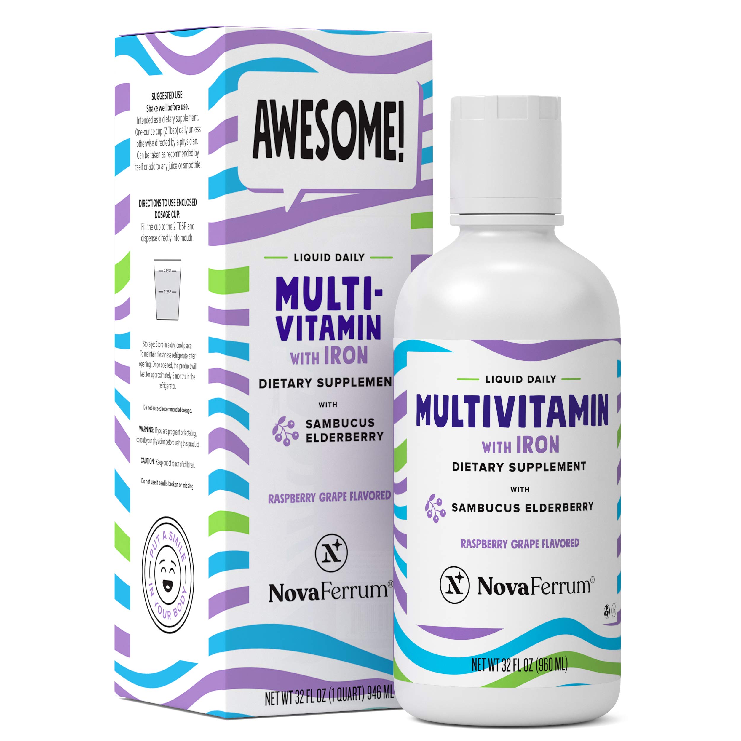 NovaFerrum Liquid Multivitamin with Iron + Elderberry - Daily Immune Support Supplement for Kids & Adults with Vitamin A, B, C, D3, Trace Minerals, & Antioxidants - Vegan, Gluten-Free & 0 Sugar - 32oz