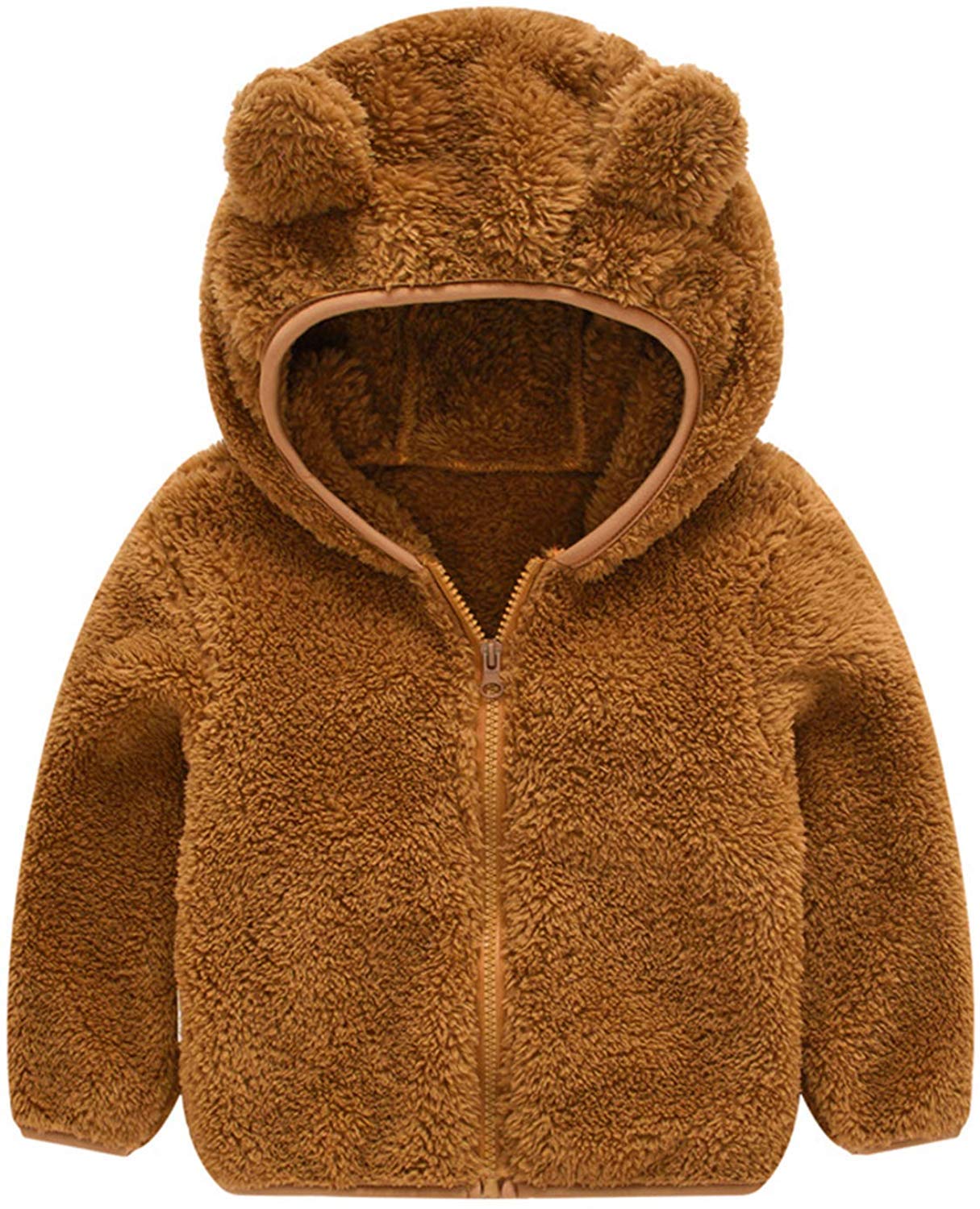 SportsWell Baby Girl Boy Autumn Winter Hooded Zipper Fleece Furry Bear Ear Jacket Coat Outerwear Brown US