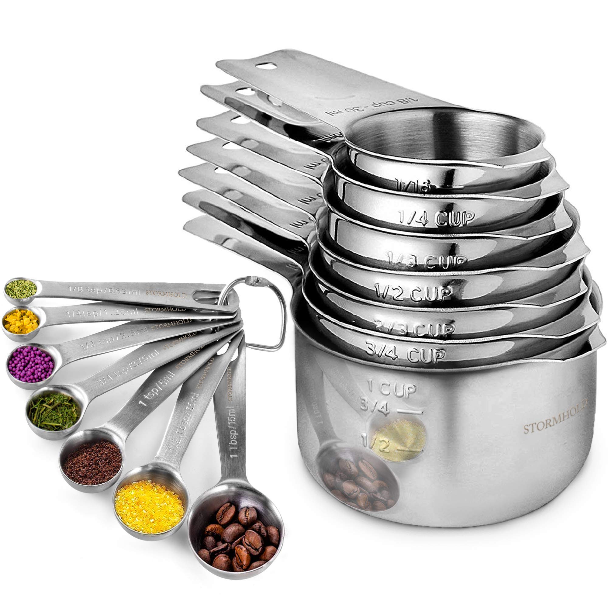 Stainless Steel Measuring Cups and Spoons Set of 17 Pieces - 7 Nesting Cups and 7 Stackable Spoons - Durable Professional Portable Kitchen Measuring Kit