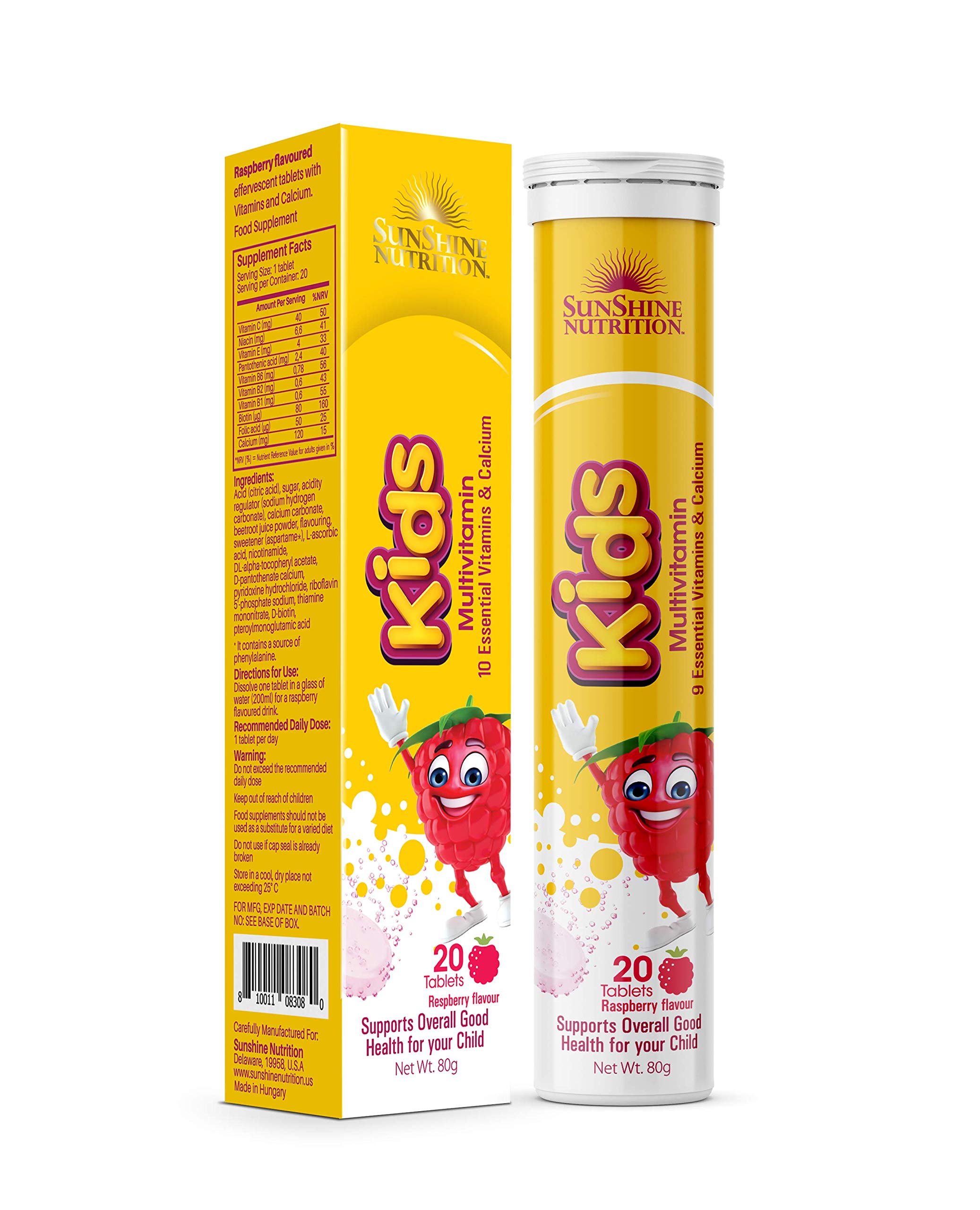 Sunshine Nutrition Kids Multivitamins Effervescent 20 Tablets | With 10 Essential Vitamins & Calcium | Raspberry Flavor