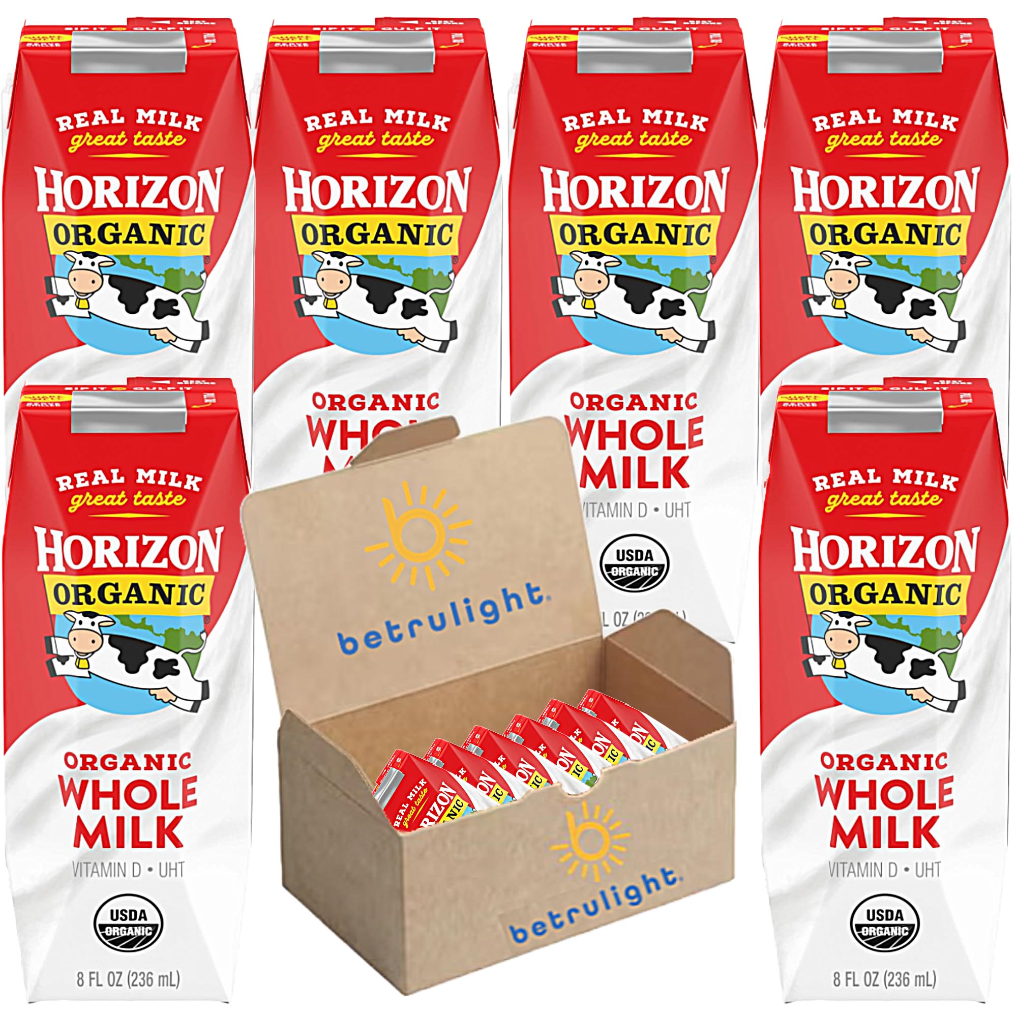 Organic Milk, Horizon Organic Whole Milk | Shelf Stable Milk, Grass Fed Milk Assortment of Plain, Vanilla, Chocolate, & Strawberry, Lowfat On-The-Go Milk Boxes for Kids & Adults| Includes Calcium, Vitamin A, Vitamin D & 8g of Protein, Non GMO Milk 8 Fl Oz Pack of 6 | Every Order is Elegantly Packaged in a Signature BETRULIGHT Branded Box!