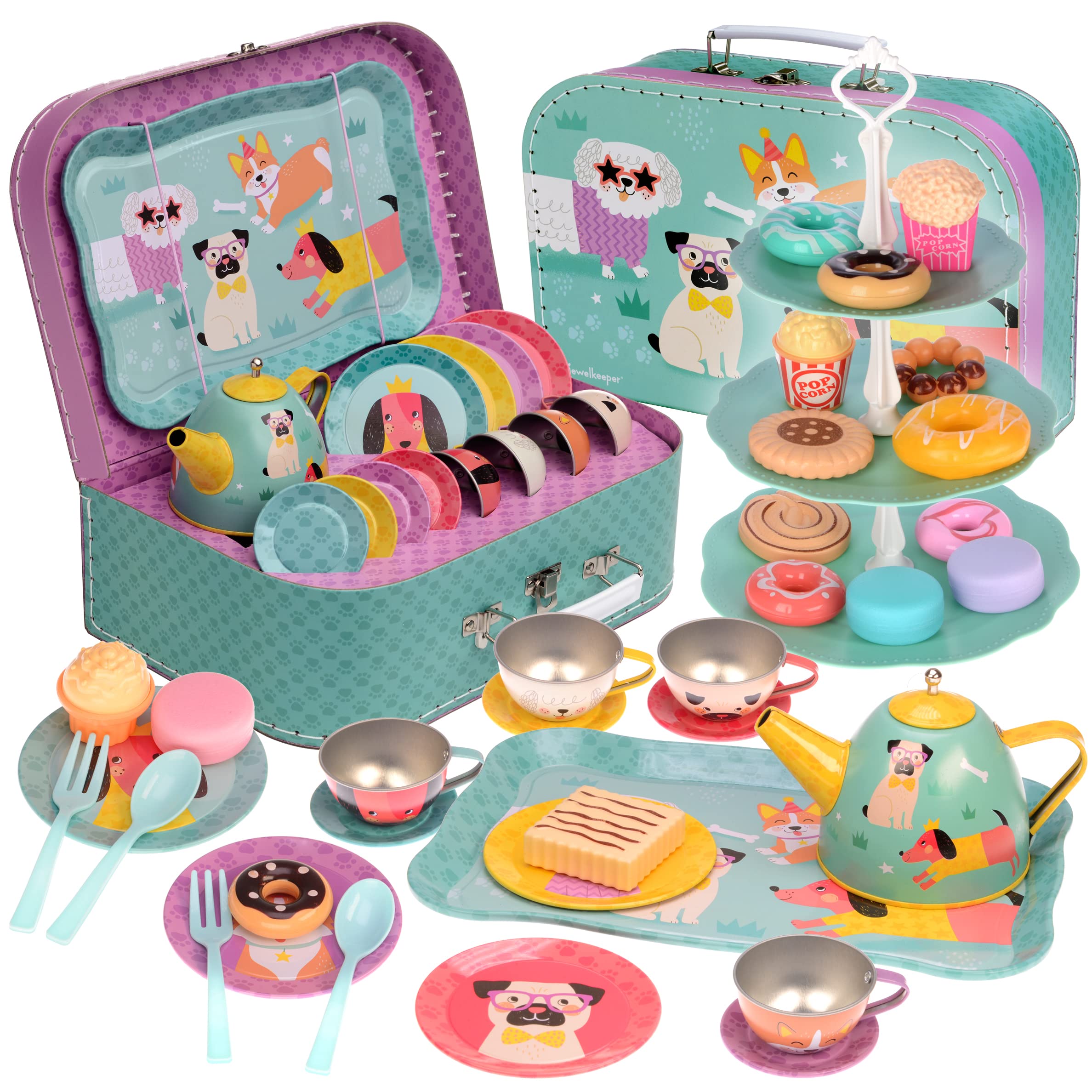 Jewelkeeper 42 Piece Tea Party Set for Little Girls Gift Pretend Kids Toy Tin Tea Set + Food & Carrying Case - Dog Design