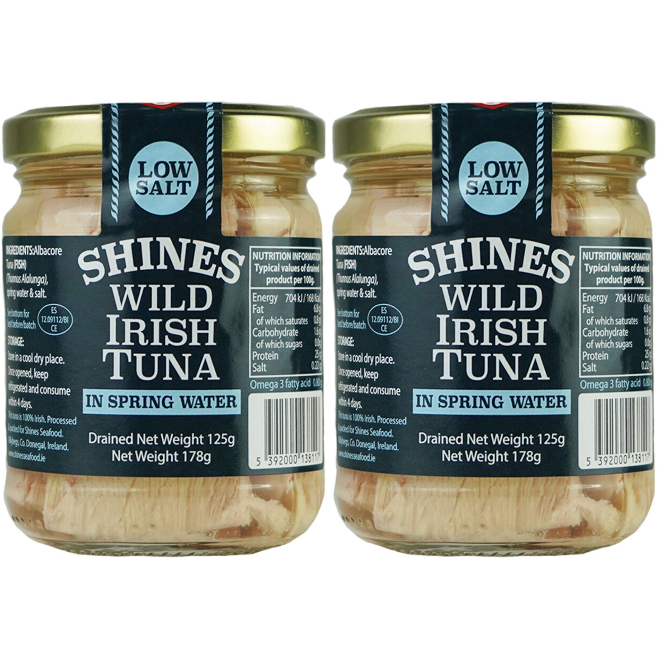 Wild Irish Albacore Tuna in Water - 2 x 185g Glass Jar - Low Carb - Ideal for Keto Diet - LCHF - Dolphin Friendly - Hand Filleted - No Gluten - High in Omega 3 - Low in Salt - by Shines