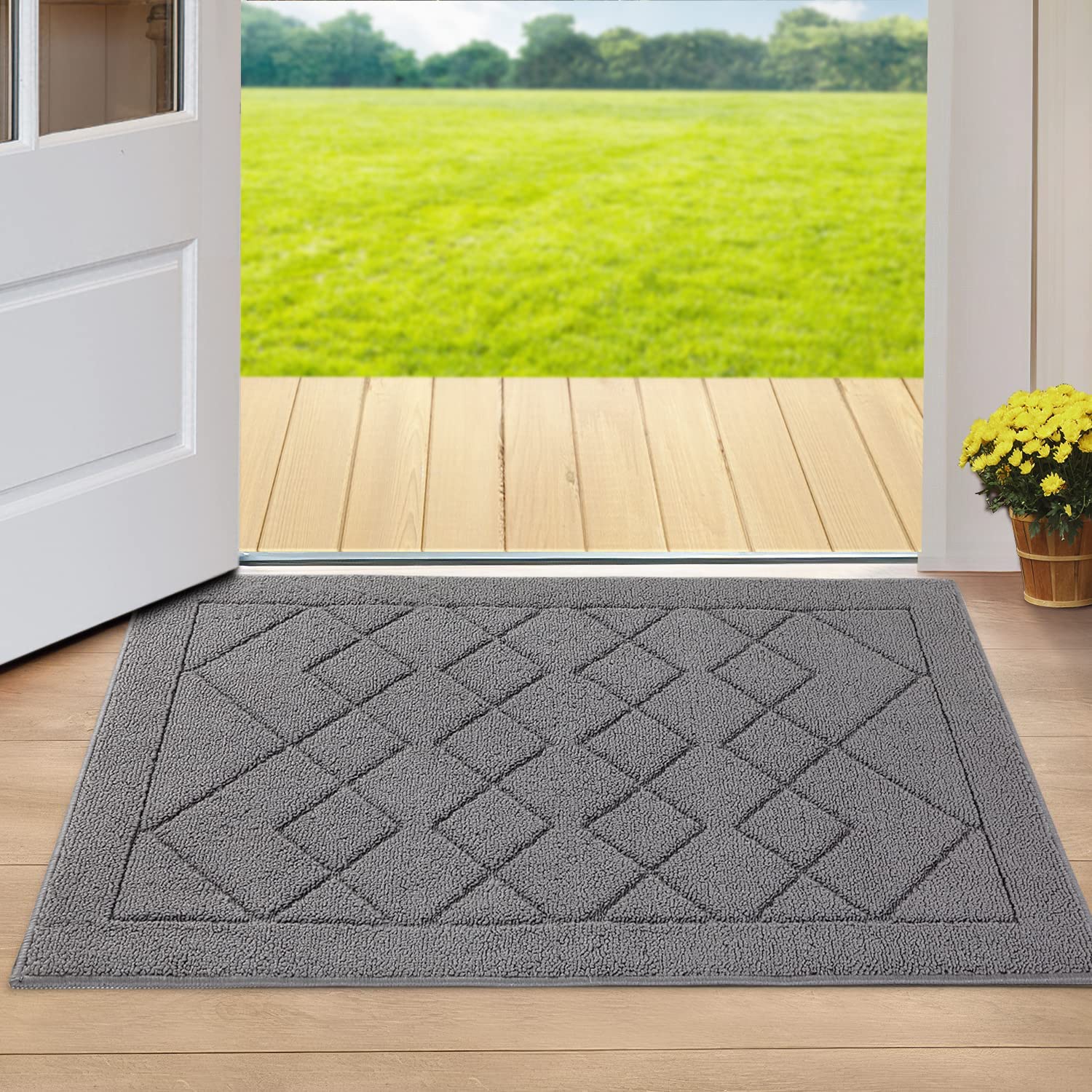 REFETONE Indoor Doormat, Front Back Rubber Backing Non Slip Door Mats 24"x36", Absorbent Resist Dirt Entrance Inside Floor Mats for Entryway, Washable Low-Profile Door Rugs for Muddy Shoes, Grey