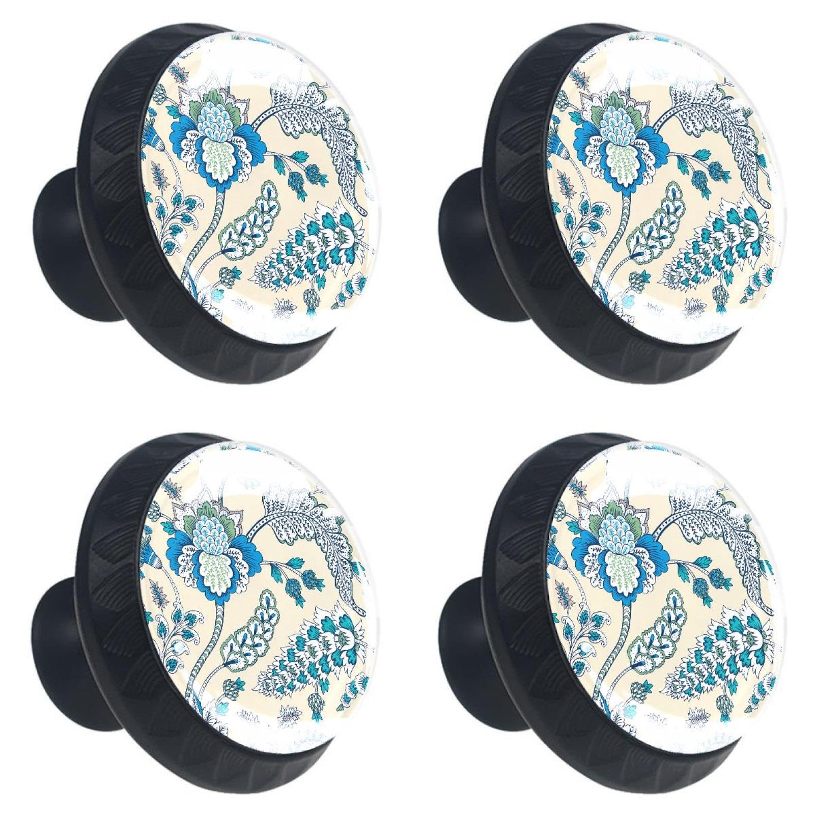 4 Pcs Paisley Dreamflower Glass Drawer Knobs Black Dresser Knobs Drawer Pulls Door Knobs Dresser Drawer Handles for Kitchen Wardrobe Cupboard Hardware Furniture