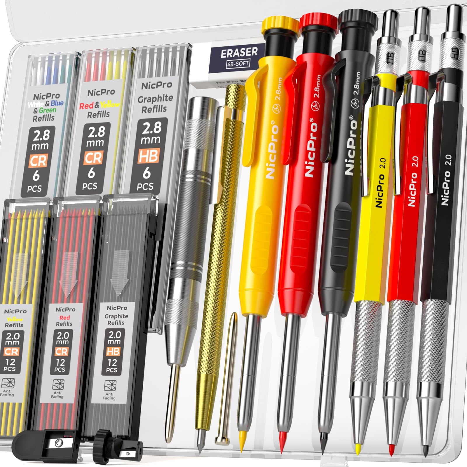 Nicpro18 Pack Carpenter Pencil Set with Sharpener, Mechanical Carpenter Pencils with 60 Refill, Automatic Center Puncha and Carbide Scribe Tool, Heavy Duty Construction Pencil for Architect-With Case