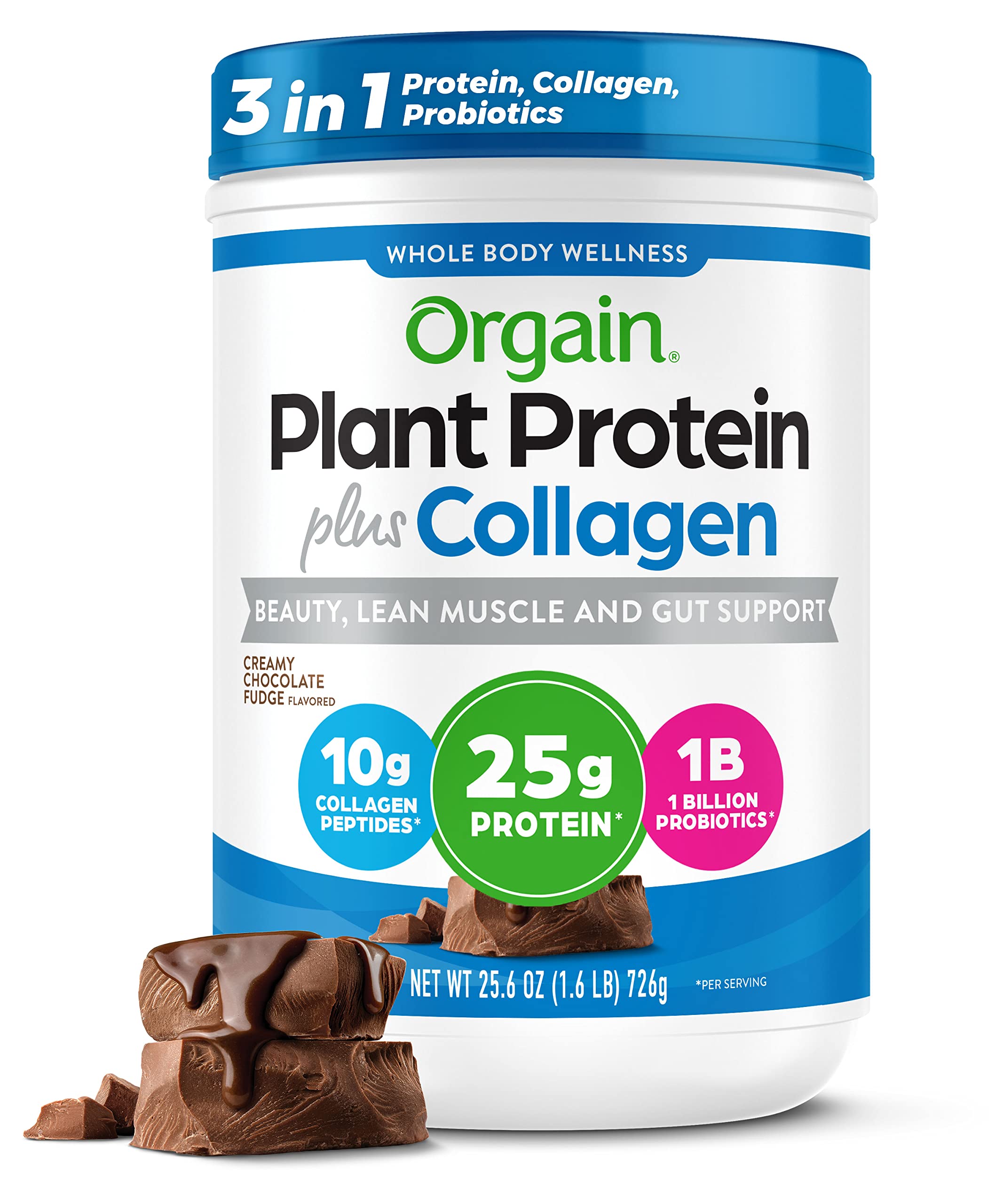 OrgainProtein Powder + Collagen, Creamy Chocolate Fudge - 25g of Protein, 1B Probiotics, 10g Collagen Peptides, Supports Hair, Skin, Nails, Joints & Gut Health, Non Dairy, Gluten and Soy Free, 1.6Lb