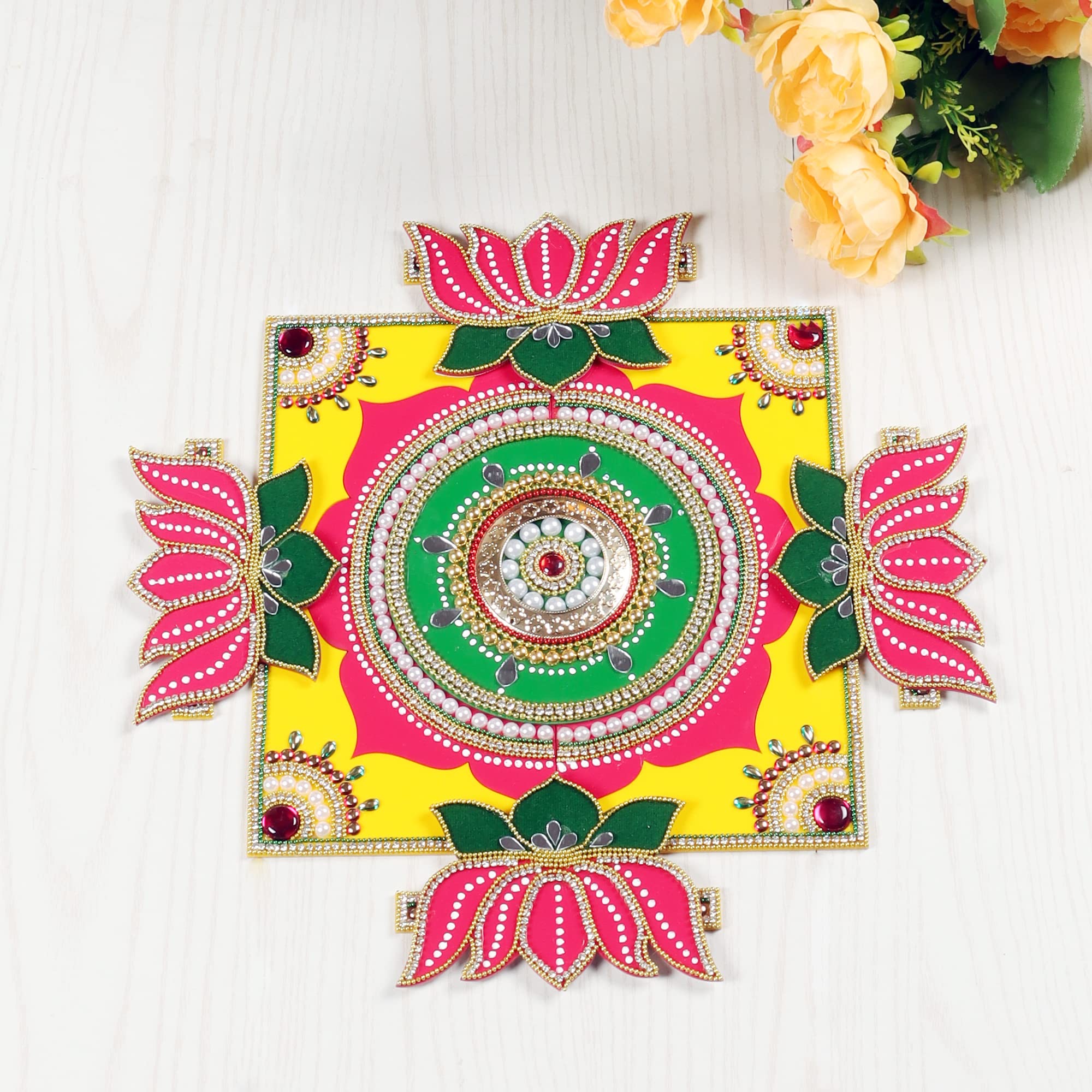 Itiha® Lotus 3 in 1 Design Acrylic Rangoli Indian Decor for Wall, Floor & Table Decoration for Christmas and Diwali - 17 Piece Handmade(18 inches)