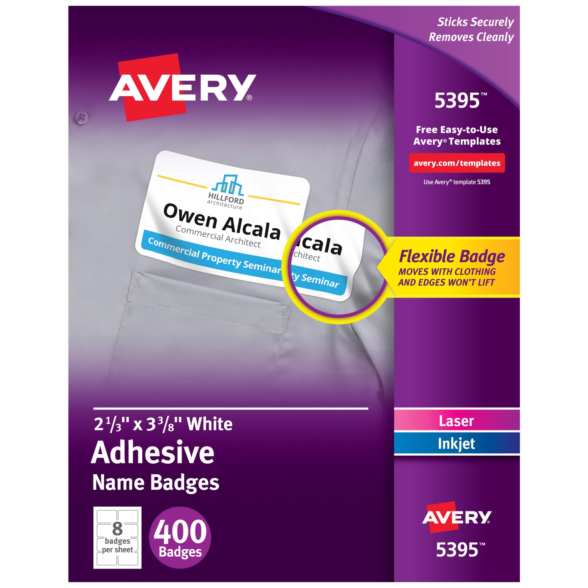 Avery Flexible Printable Name Badges, 2-1/3" x 3-3/8" Rectangle Labels, White, 5 Packs, 2,000 Removable Name Tag Stickers Total (5395)