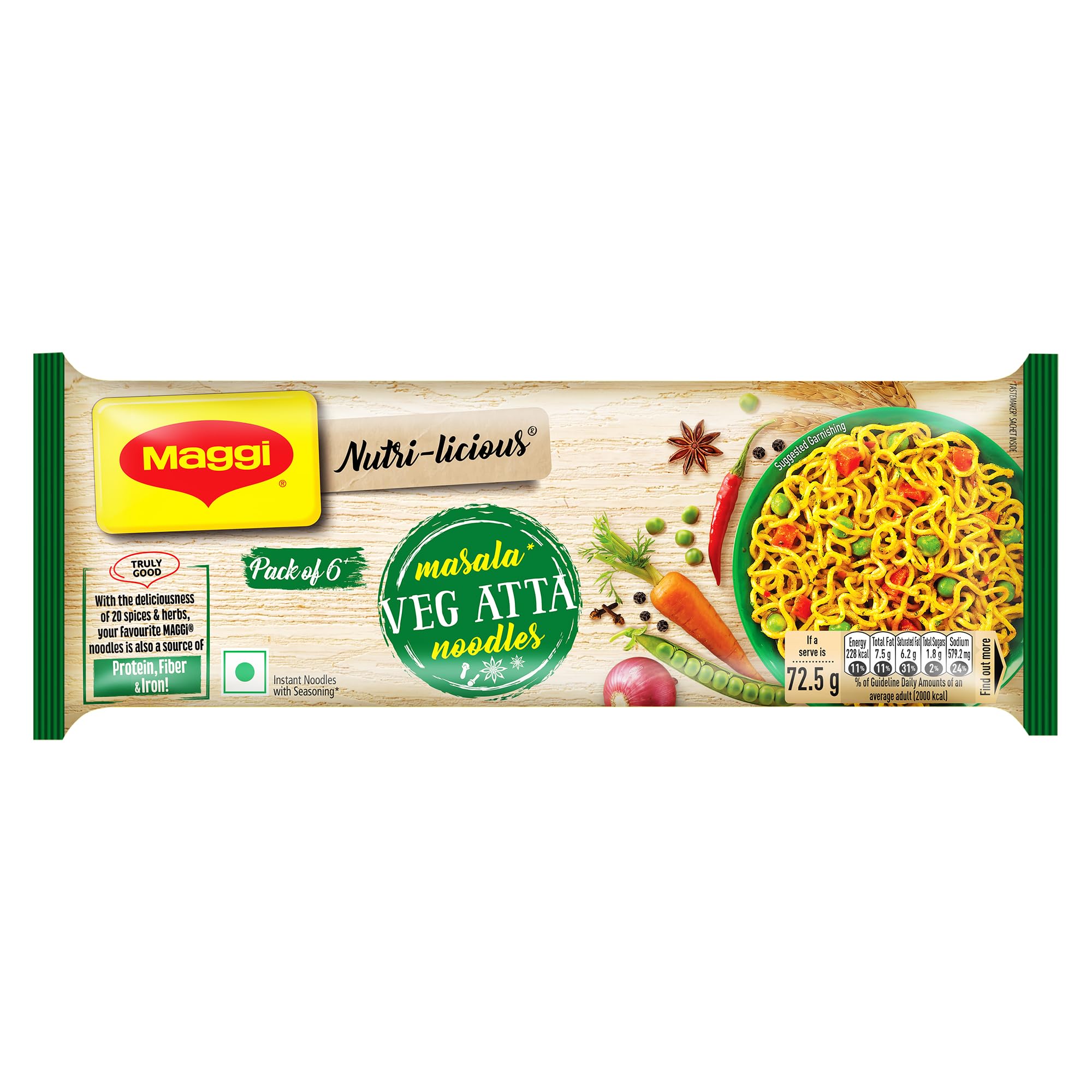 MAGGI Nutri-Licious Veg Atta Masala Noodles, Instant Noodles with 20 Spices & Herbs, Source Of Fibre & Iron, Atta Noodles With Appetizing Aroma & Delicious Taste, 435g Packet