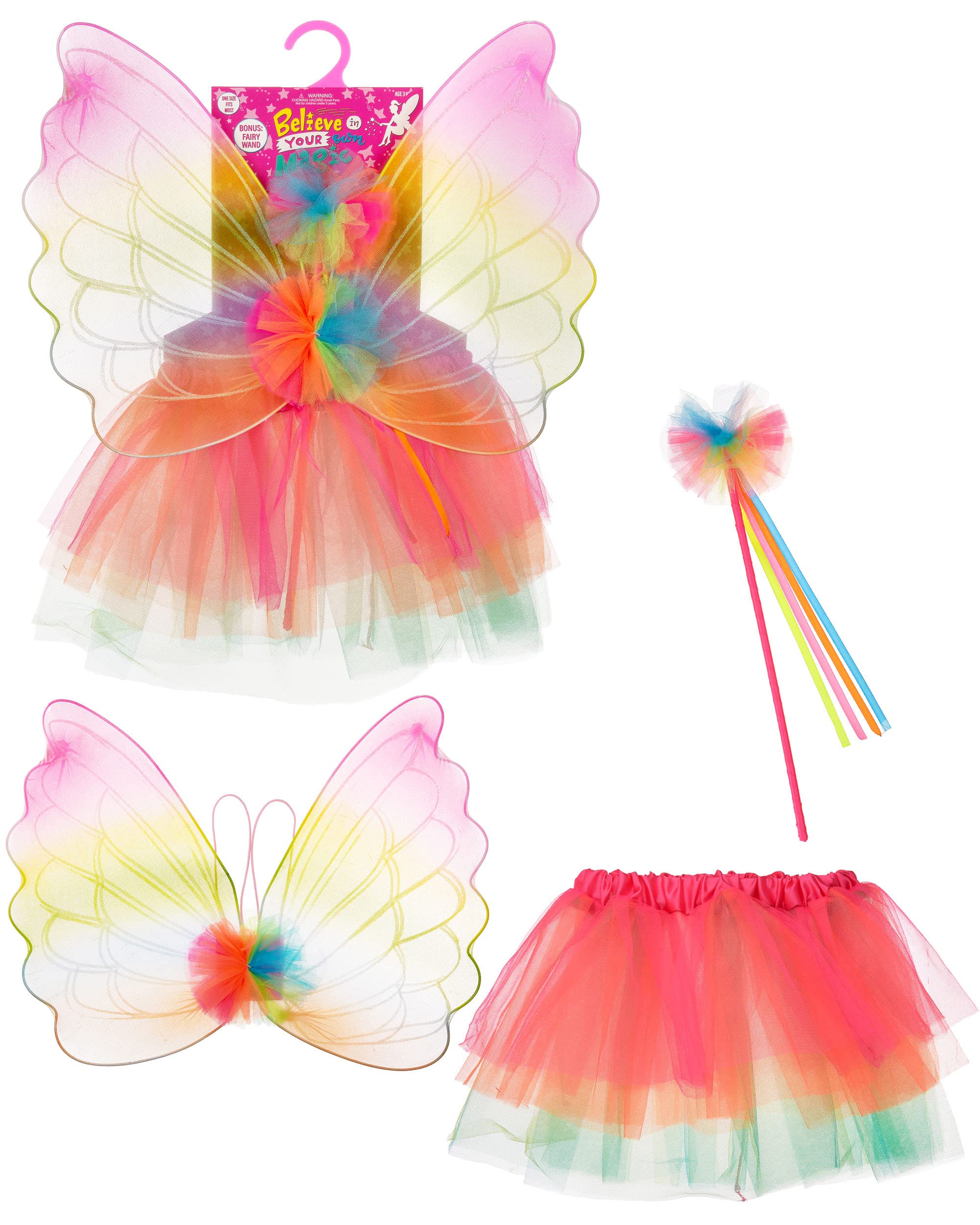 Princess Expressions Girls Dress Up Rainbow Fairy Wings Skirt Wand Dress Up Costume Set, Children Ages 3-10, One Size Fits All