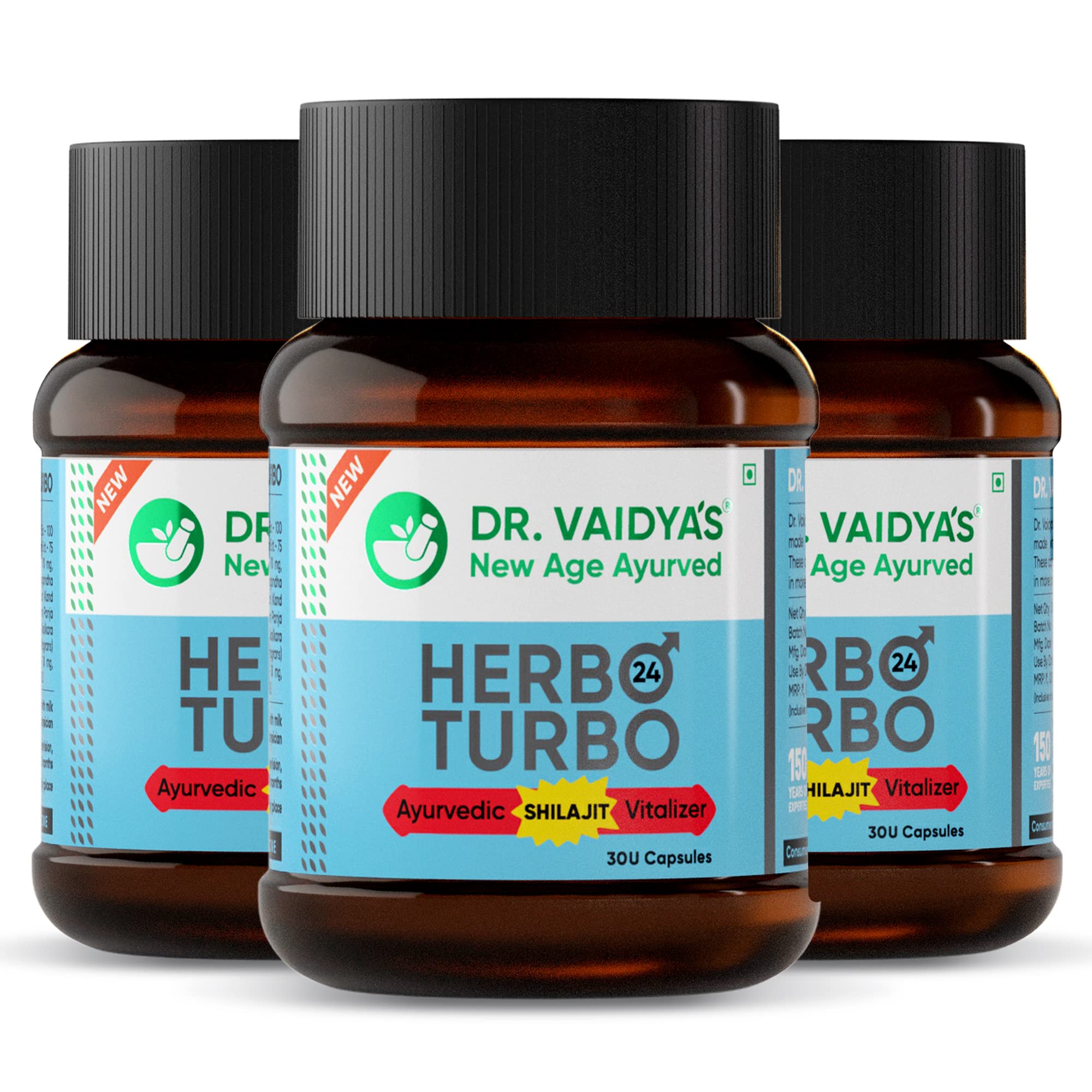 Dr. Vaidya’s Herbo24Turbo Capsules | Supports Vitality | For Strength, Stamina & Power | Shuddha Shilajit, Safed Musli | Sugar Free | Pure Ayurvedic Extracts | 30 capsules (Pack of 3)