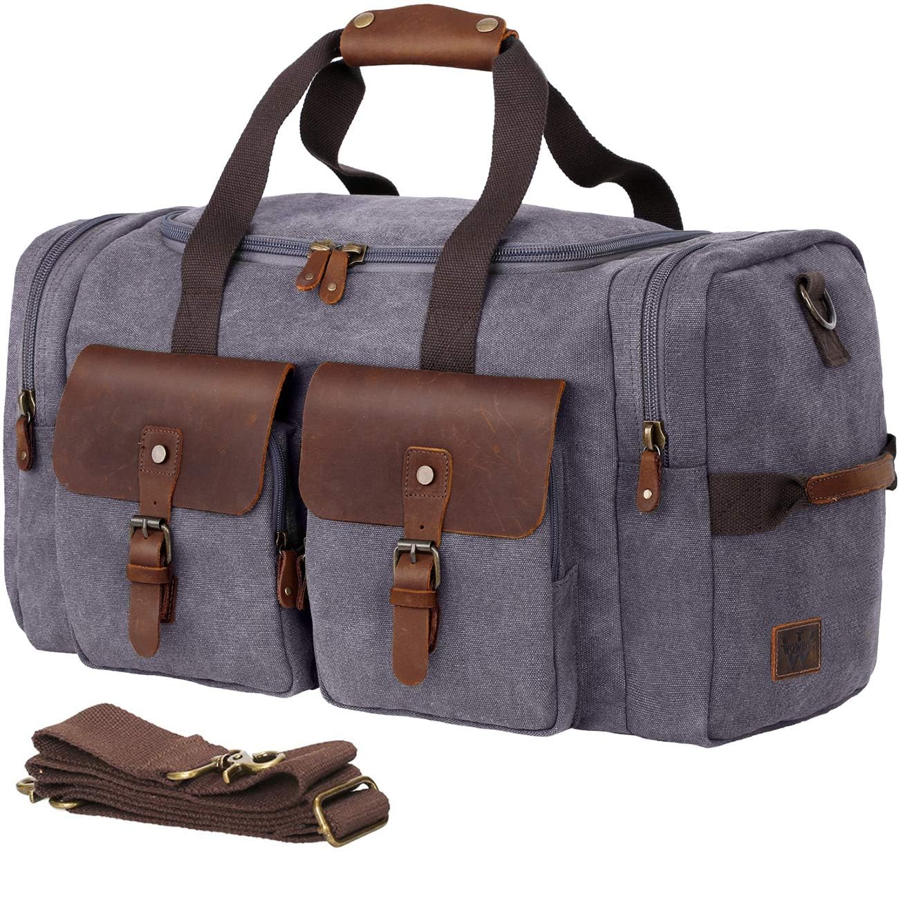 WOWBOX Duffel Bag Travel Weekender Bag for Men Womens Genuine Leather Canvas Overnight Bags Luggage Bag Mens Flight Carry on Bag Gym Bag with Shoes Compartment, Grey, with Shoe Compartment