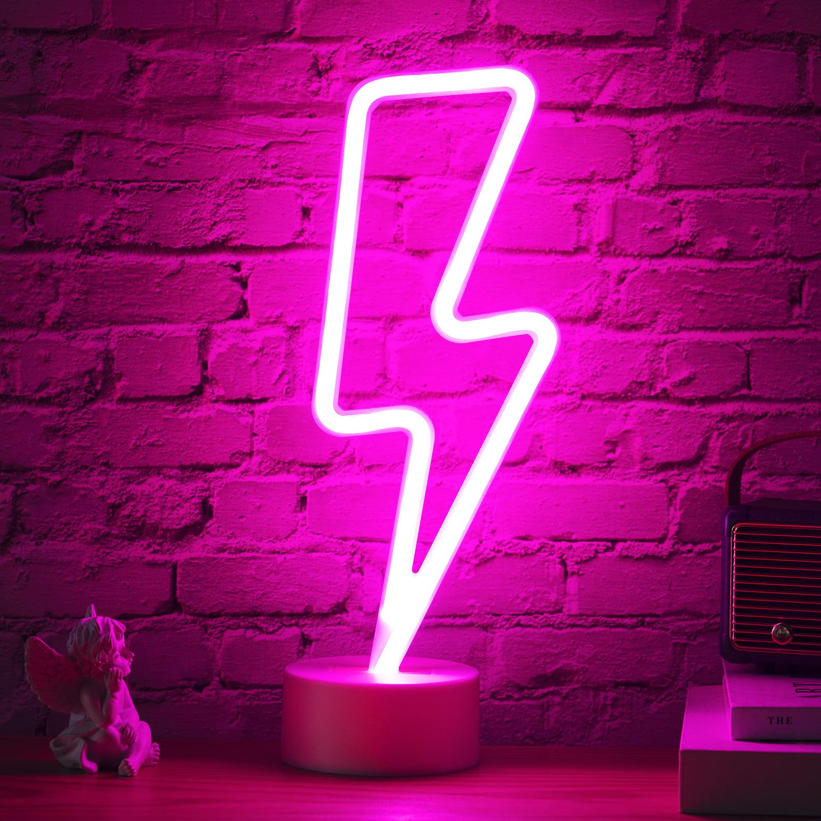 XIYUNTE Neon Sign Lightning Bolt Neon Signs with Base, USB or Battery Powered LED Lightning Lamp for Bedroom, Pink Lightning neon Lights for Girls Room, Game Room, Table Decor, Gifts for Teenage Boys