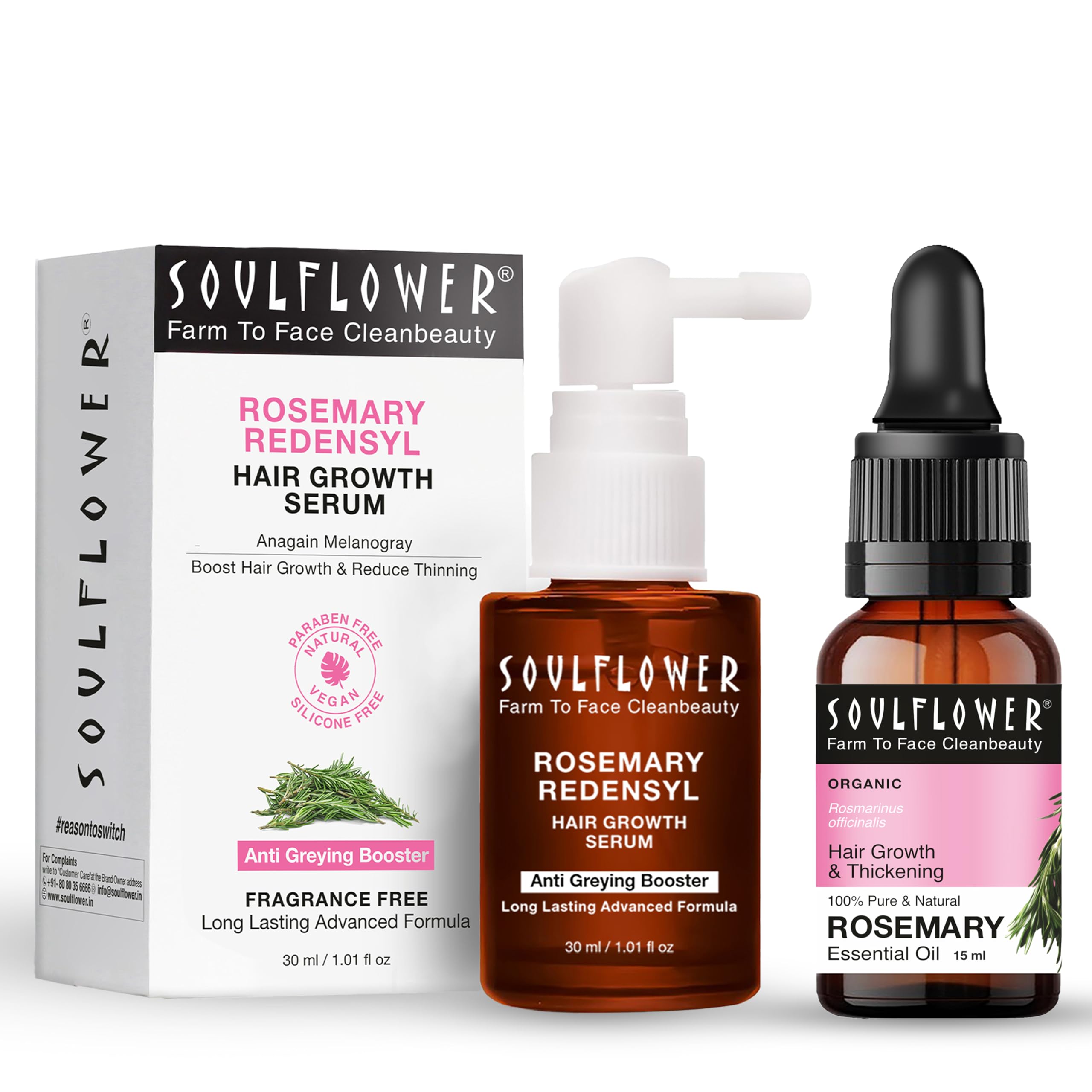 Soulflower Rosemary Essential Oil 15ml & Rosemary Redensyl Hair Growth Serum 30ml with 4% Anagain, 1% Melanogray, Caffeine, Biotin for Hair Growth, Hairfall Control & Healthy Scalp | Pack of 2