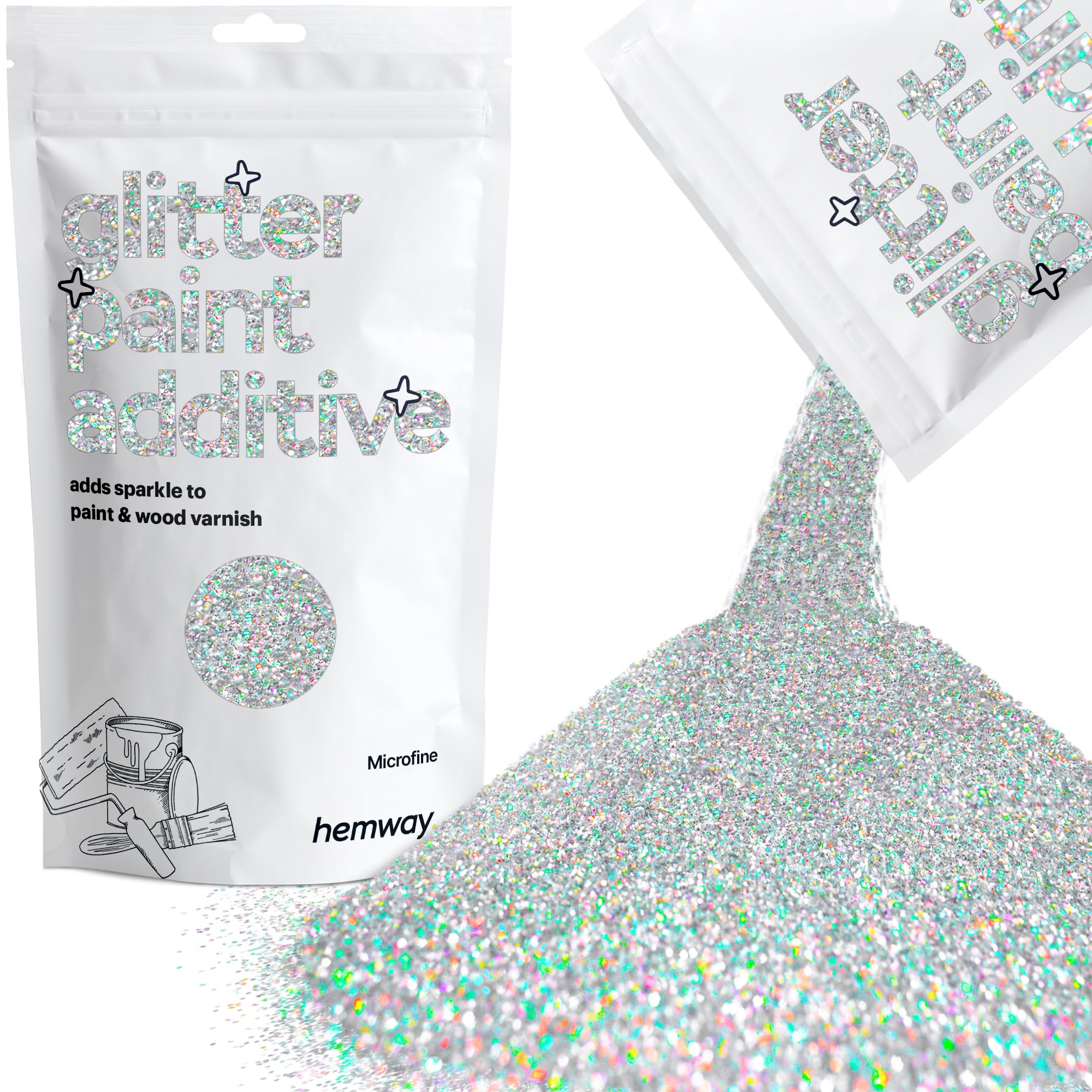 HemwayGlitter Paint Additive Crystals for Acrylic Emulsion Paint, Interior & Exterior Walls, Wood, Varnish, Matt, Gloss, Furniture 100g / 3.5oz - Microfine (1/256" 0.004" 0.1mm) - Silver Holographic