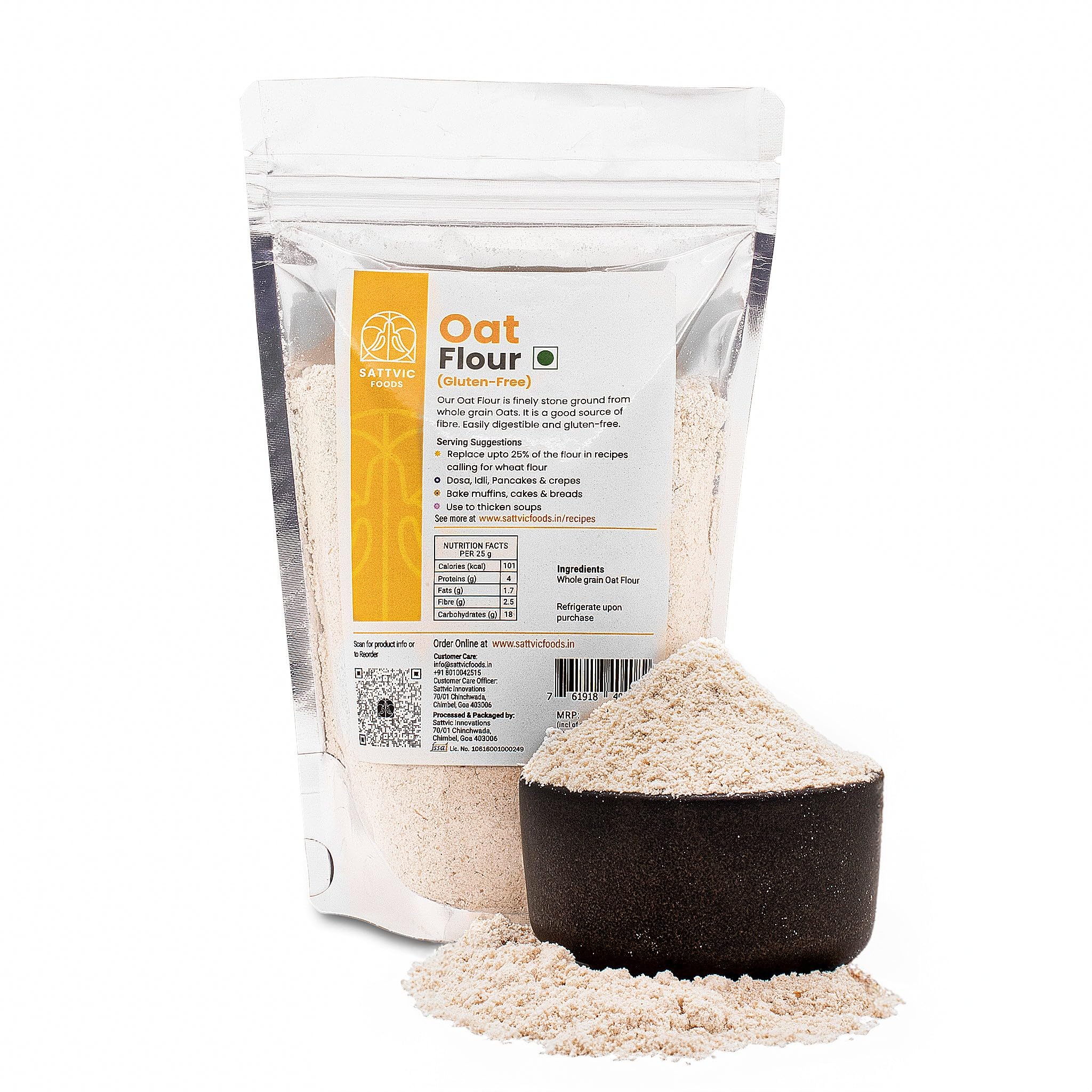 Sattvic Foods Oat Flour/Atta (750 g) Stone Ground from Whole Grain Oats, Gluten-Free Low GI Superfood, High in Protein & Fibre | Use in Baking, Rotis, Chilla and Flour Blends