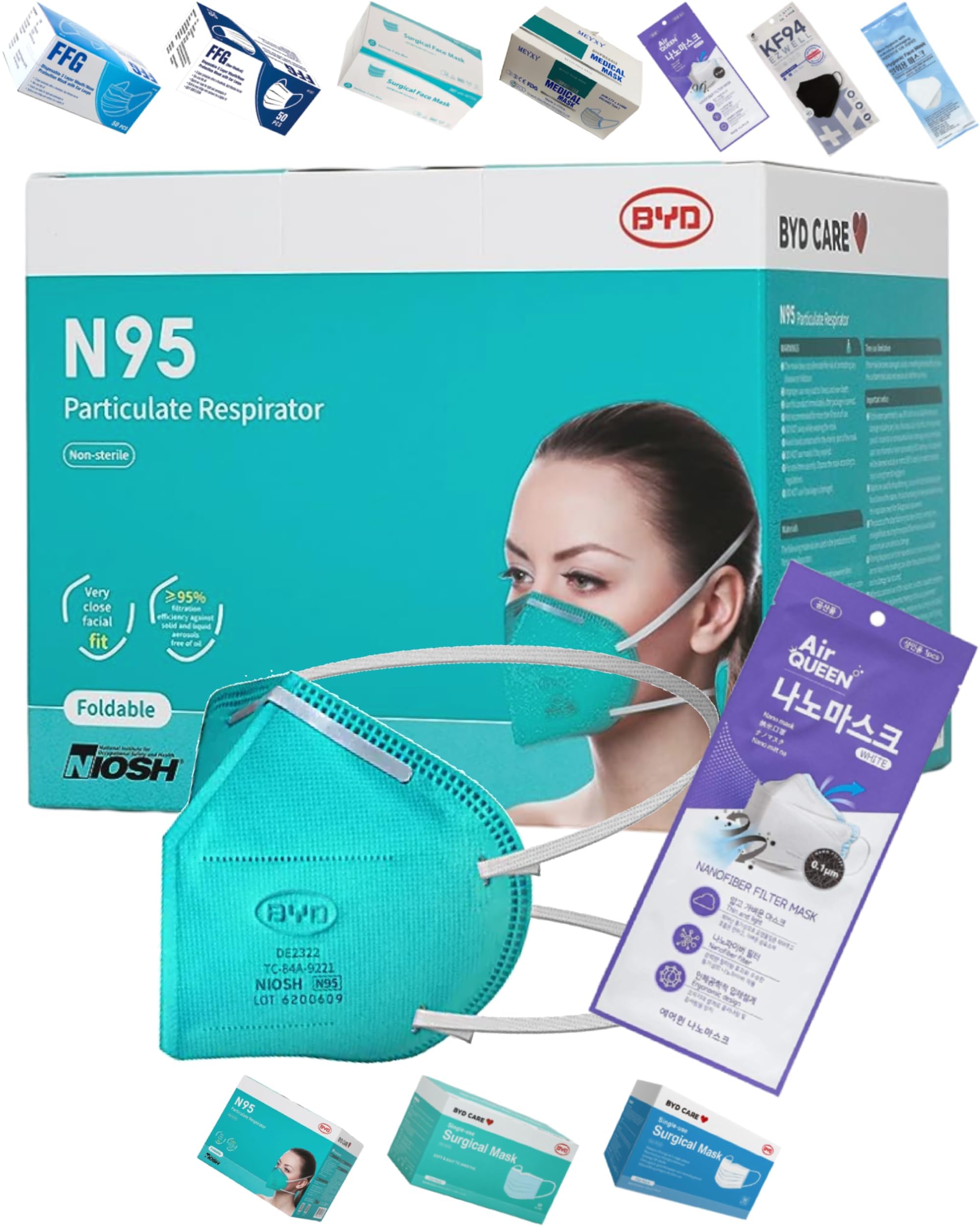 BYD Green Safety Masks DE2322 Foldable Particulate Respirator w. Head Strap for Tight Fit,1 Box of 20PCS(Individual Wrap),Bonus 1 Pack White Air Queen Nano Fiber Filter Mouth Cover Made in South Korea