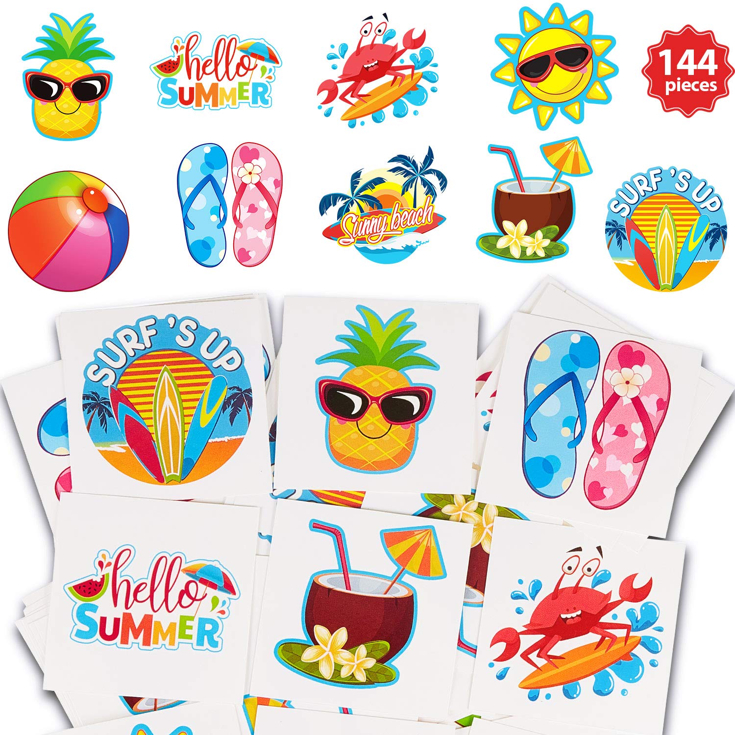 Patelai 144 Pieces Kids Tattoo Summer Party Tattoo Hawaiian Luau Themed Tattoos Tropical Beach Tattoos Waterproof Temporary Tattoos Stickers Party Decoration Supplies for Adults, 9 Styles