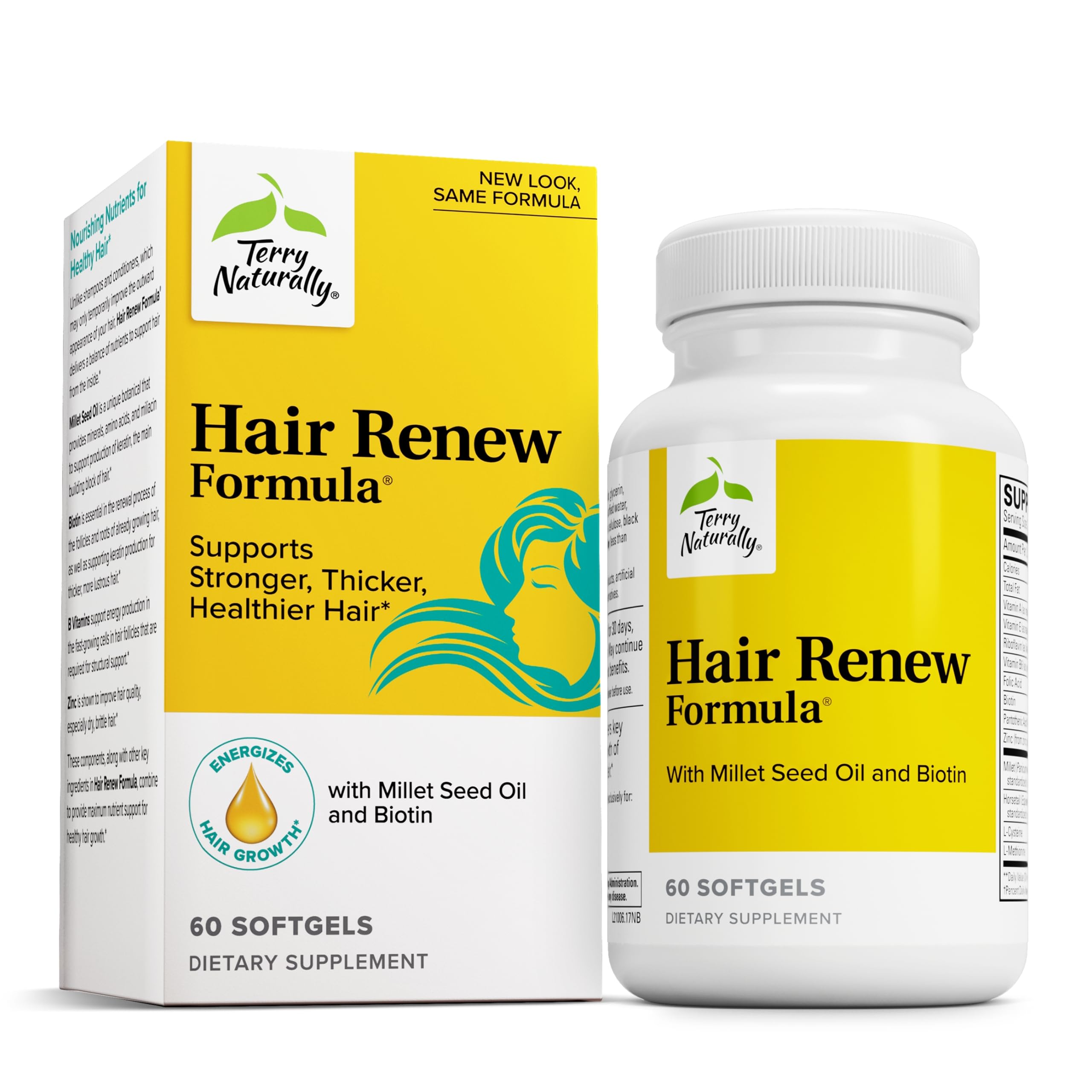 Terry Naturally Hair Renew Formula - Hair Growth Support Supplement with Horsetail Biotin & Folic Acid - Millet Seed Oil for Keratin Production Support - 60 Softgels