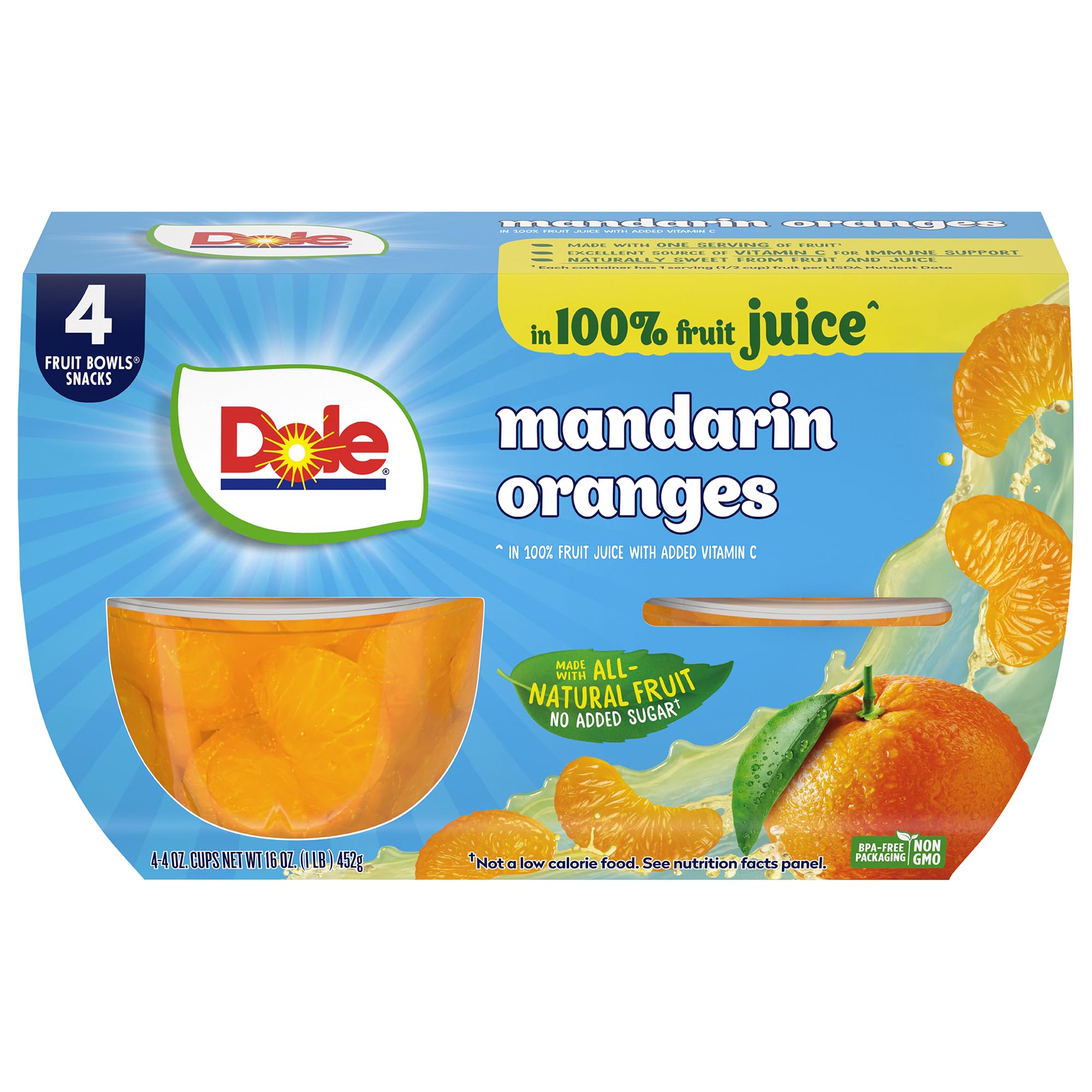 Dole Mandarin Oranges in 100% Juice^ - Dole Fruit Bowls Snacks - 4 oz Fruit Bowls - 4 Pack