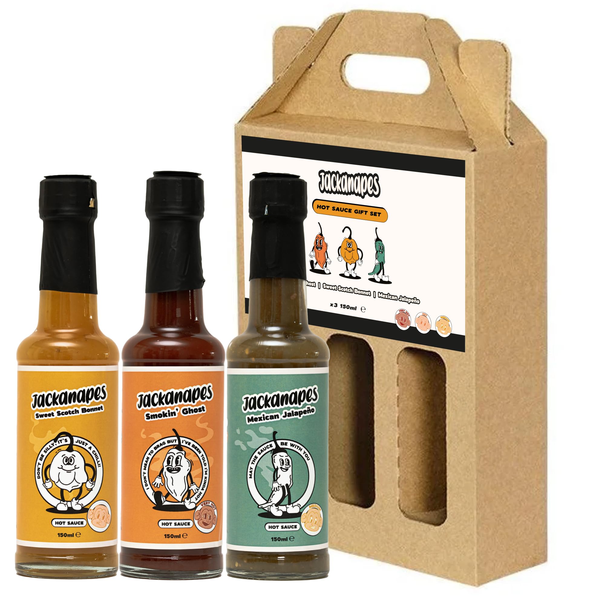 Hot Sauce Gift Pack by Jackanapes – 3 x 150ml Bottle Vegan Chilli Sauce Gift Set - Mild Mexican, Hot Sweet Scotch Bonnet and Very Hot Smokin’ Ghost - Made in the UK